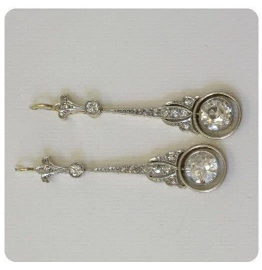 Elegant Art Deco Style Drop Dangle Round Diamond 14K White Gold Earrings