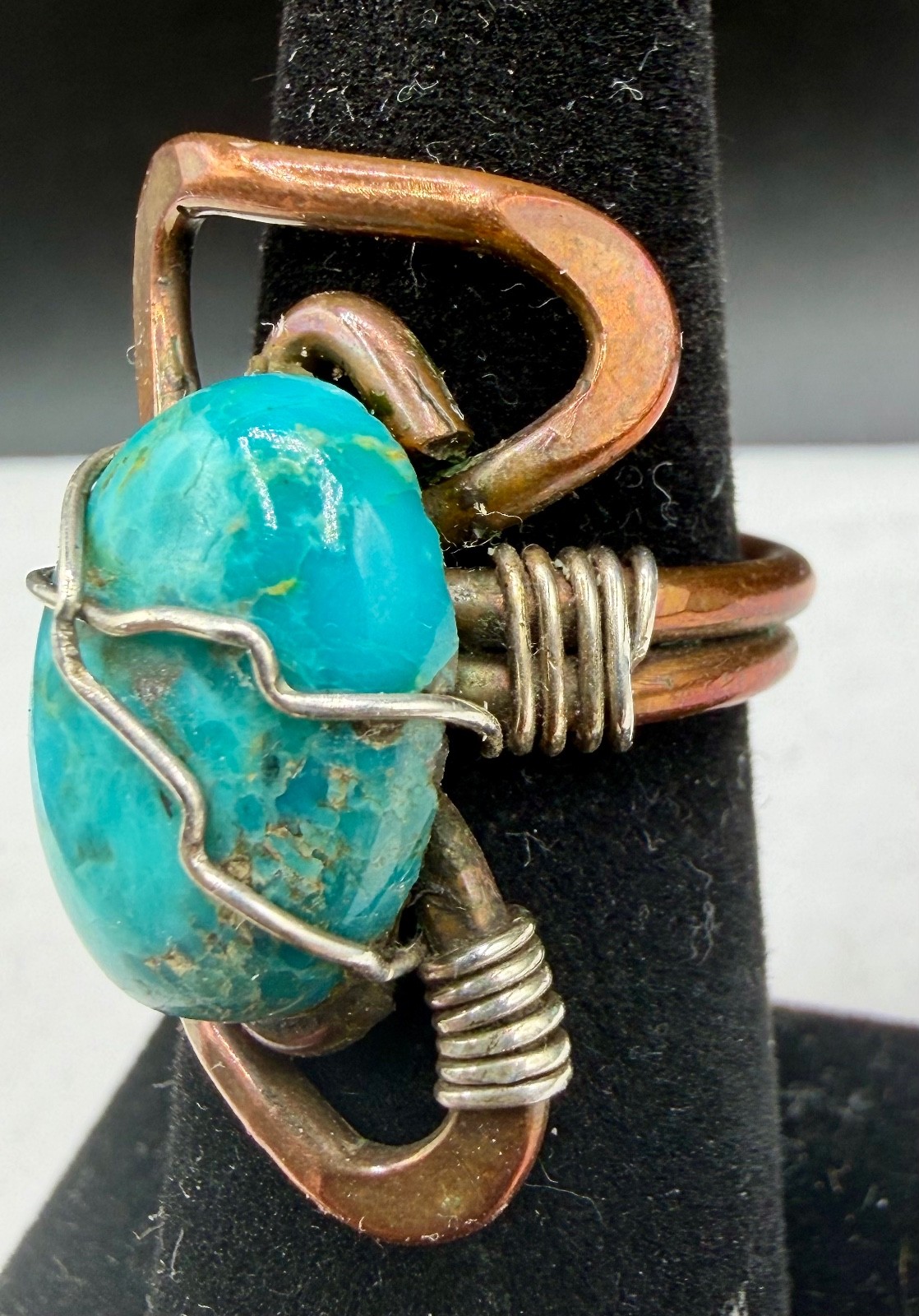 Artisan Mixed-Metal Copper Turquoise Wire Sterling Silver Wrapped Ring Sz 6