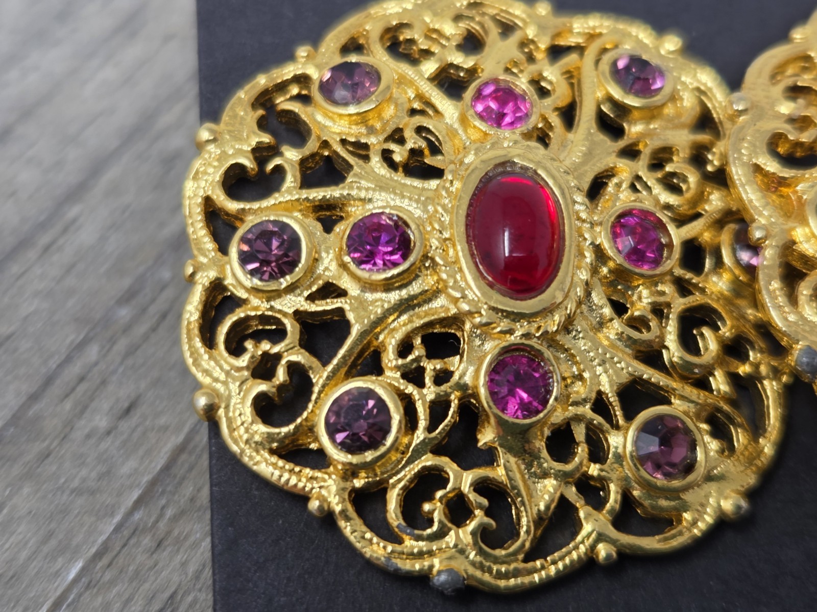 Gold Tone Filigree Earrings w/ Red Cabochons & Purple Pink Rhinestones Vintage