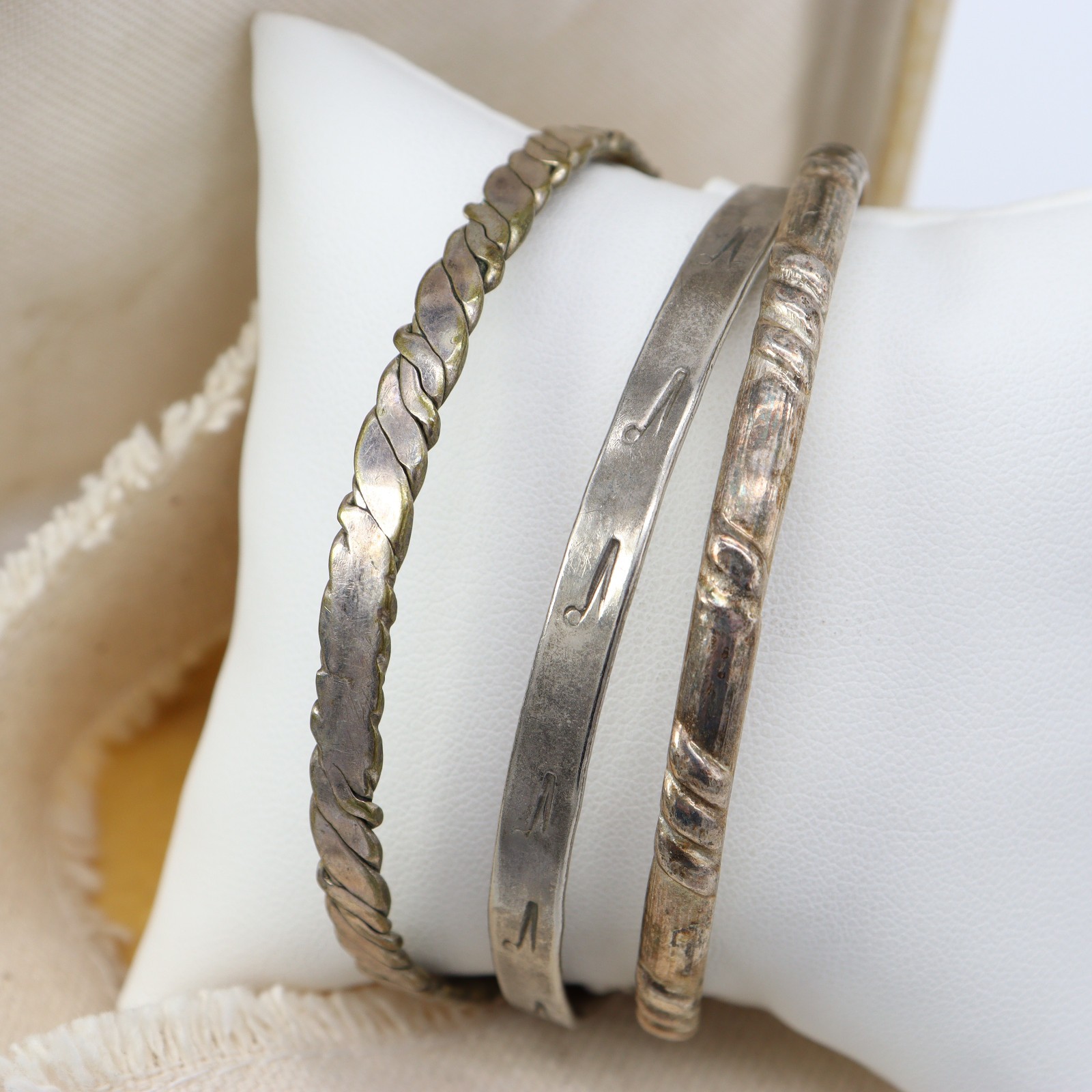 Vtg Taxco Alpaca Mexico Bracelet LOT 3 Silver Rope Bangle Aztec Twist Signed