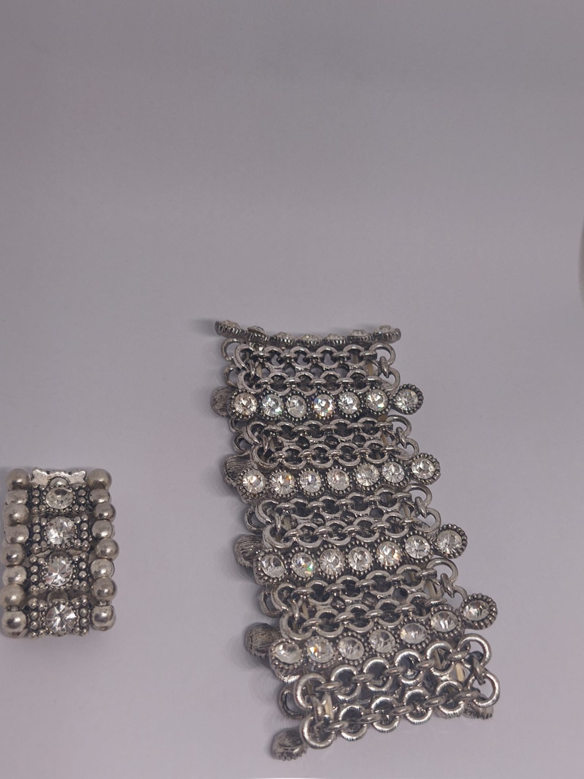 Vintage Wide Silver Tone Rhinestone Chain Link Cuff Bracelet Statement Jewelry