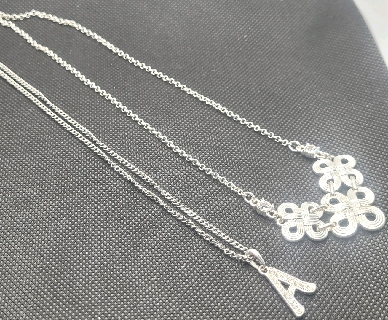 Silver Tone A Leather Rhinestone Pedant Chain Necklace 18in