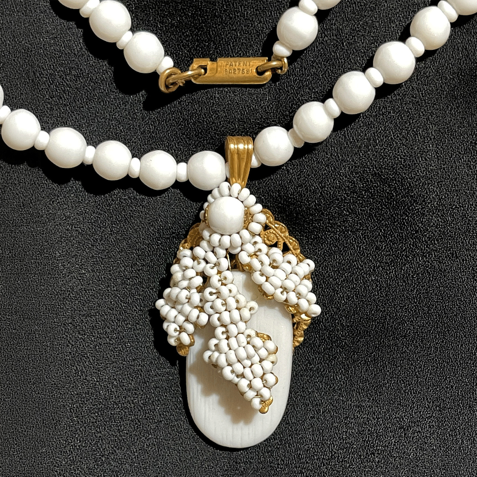 Vintage Mariam Haskell Milk Glass Bead Neck Signed Clasp / Pendant 20”