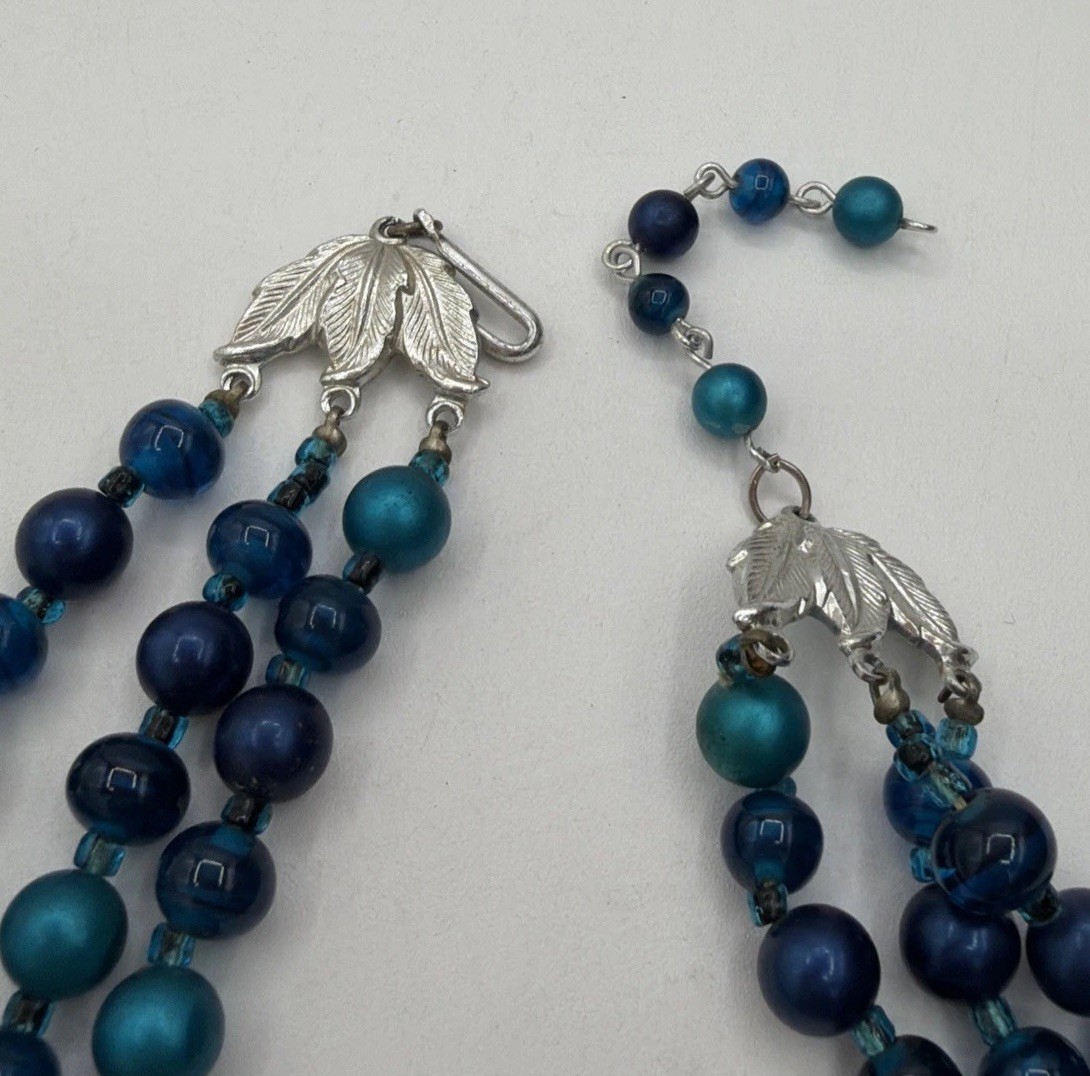 Japan Signed Vintage Multi‑Strand Blue Beaded Necklace – Art Glass Statement