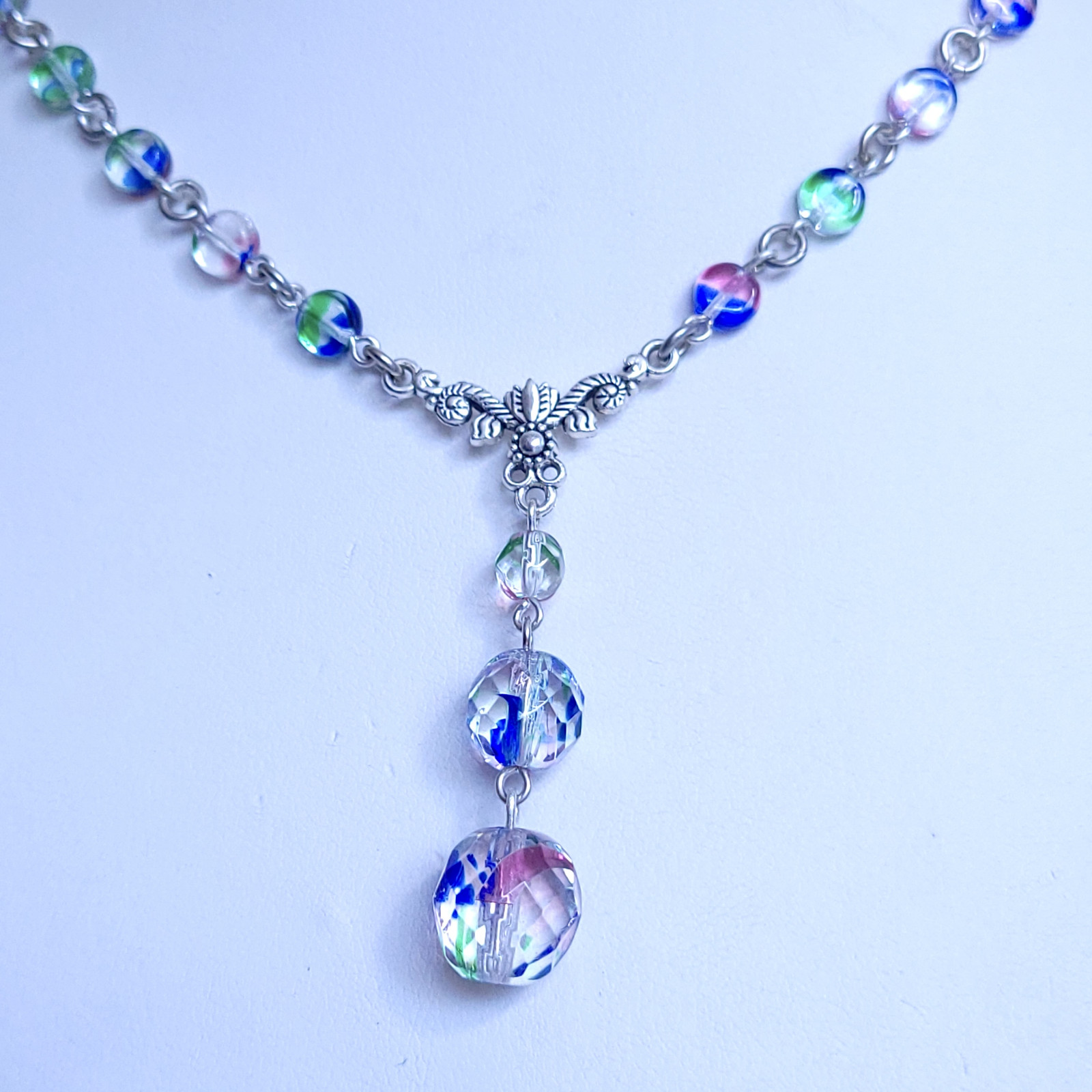 Iris Glass Necklace 19” Multicolor Czech Vintage Beads Women`s Jewelry