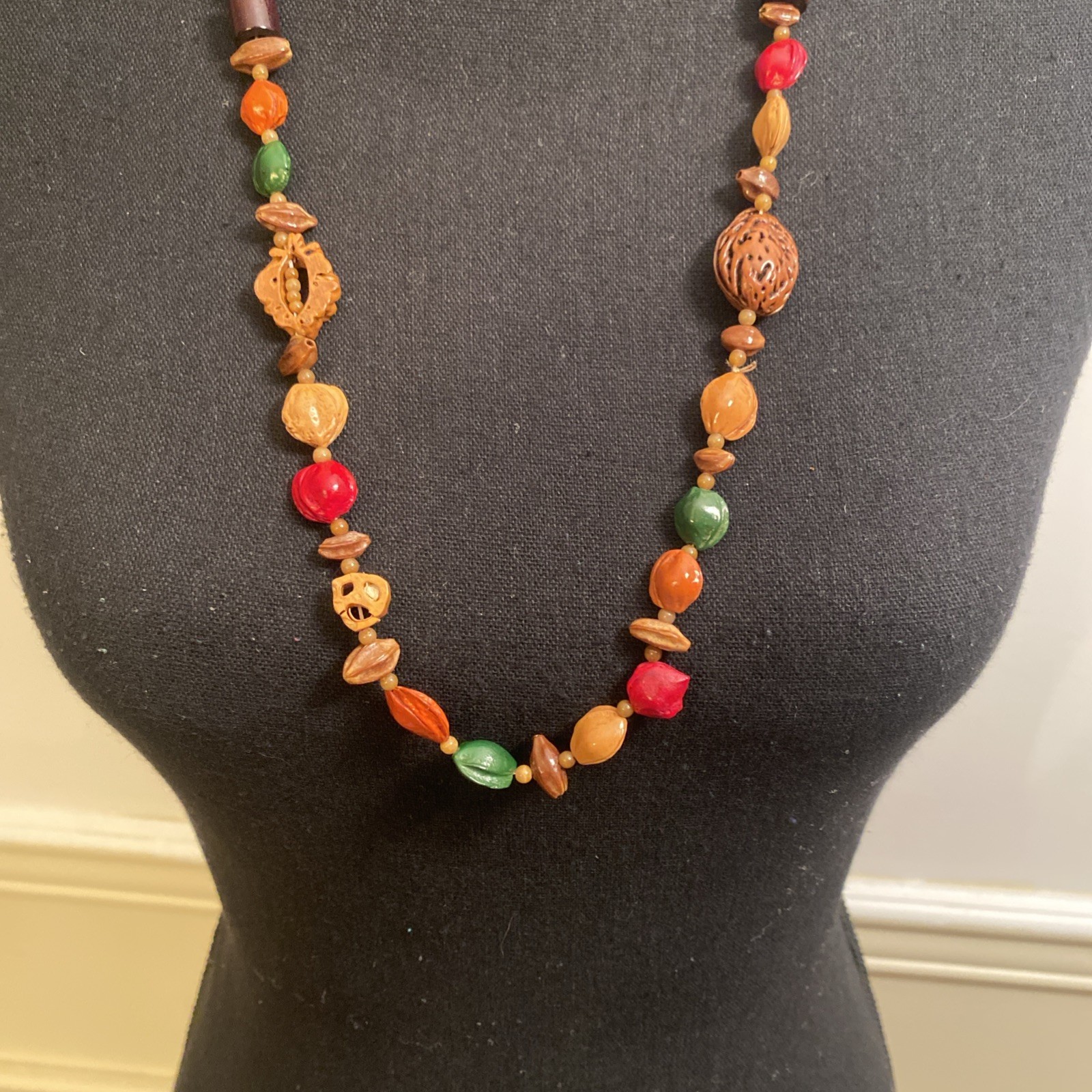 Vintage Boho Long Seed Nut Wood Bead Statement Necklace Colorful Chunky Natural