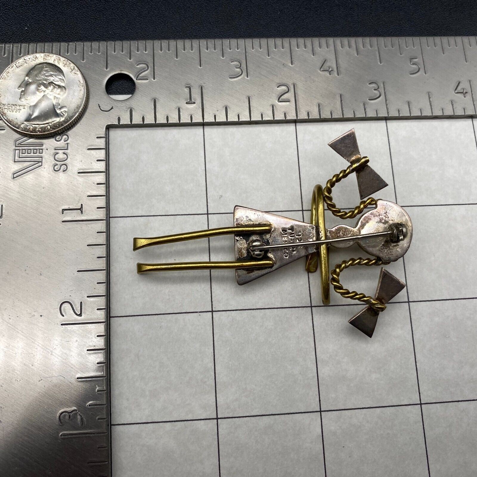Vintage Mexico Girl Bow Knot Mixed Metal Sterling Silver Brass Pin Brooch