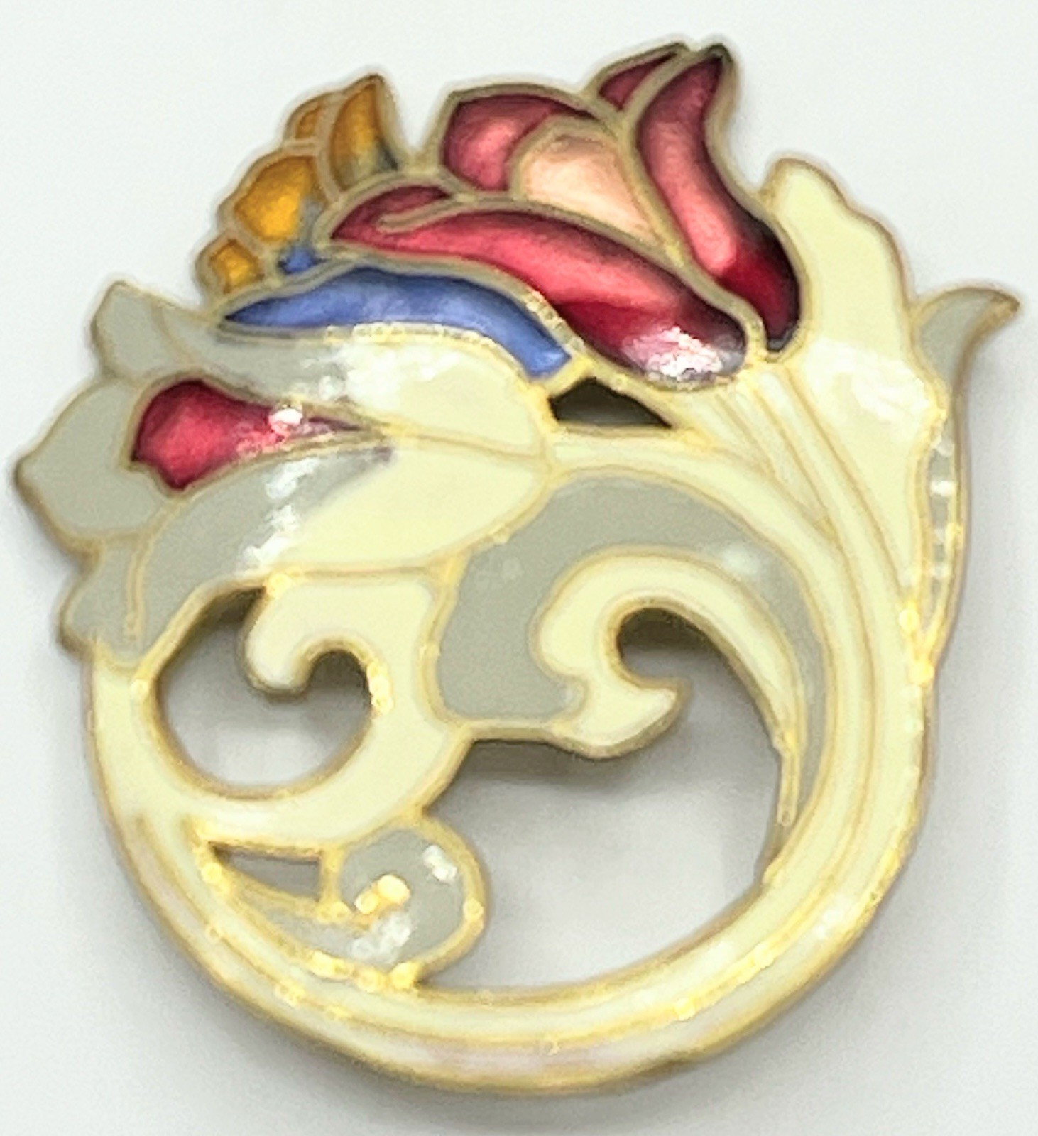 Cloisonné Tulip Brooch Gold Tone Red Orange Cream Gray White Enamel