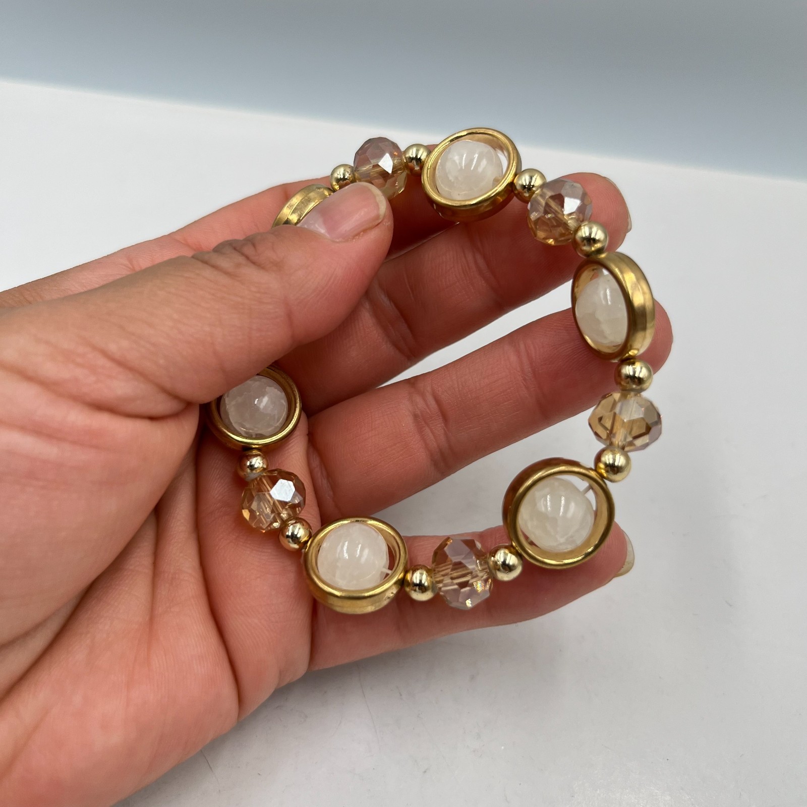 Vintage Gold Tone Halo White Stone Stretch Bracelet Champagne Crystal Retro