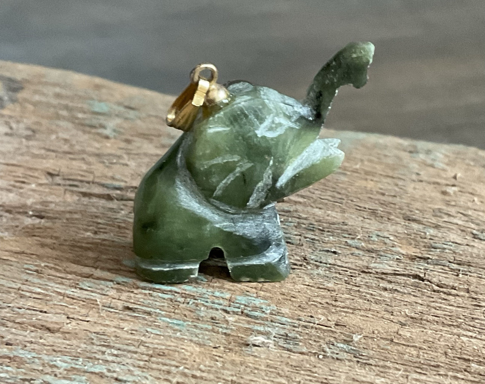 Vintage Hand Carved Genuine Nephrite Jade Elephant Pendant Charm 14k Gold Bail