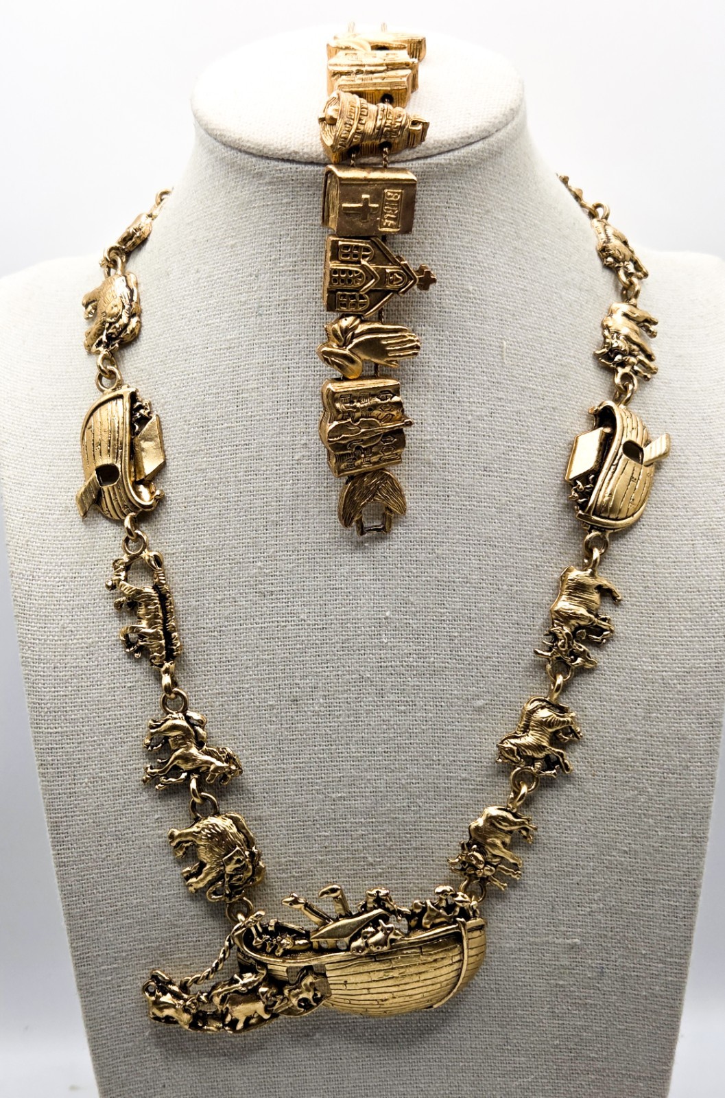 Noah’s Ark Necklace And Christian Slider Bracelet Vintage Gold Tone
