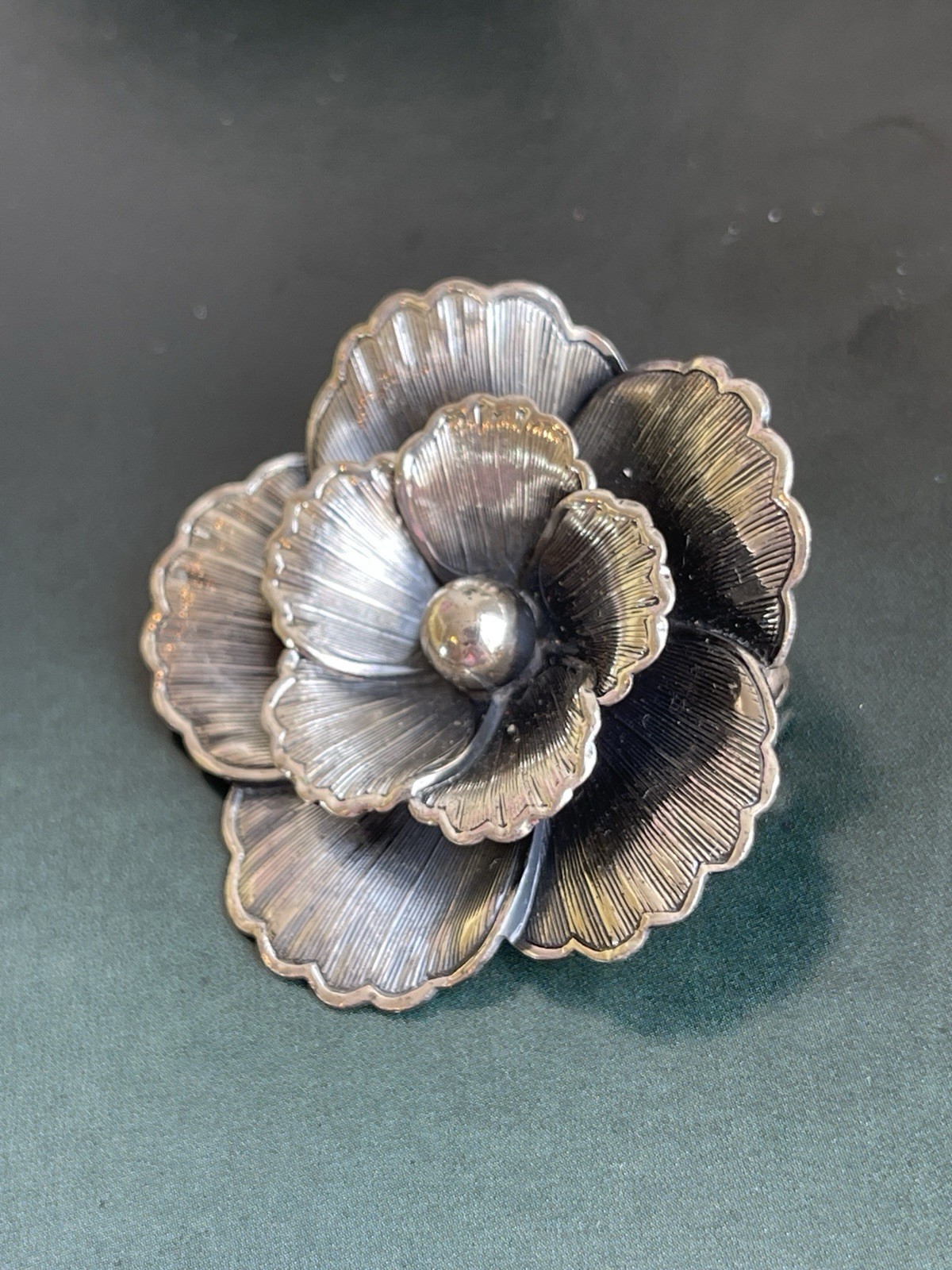Vintage Signed Beau Sterling Silver Layered Flower Brooch Pin Midcentury
