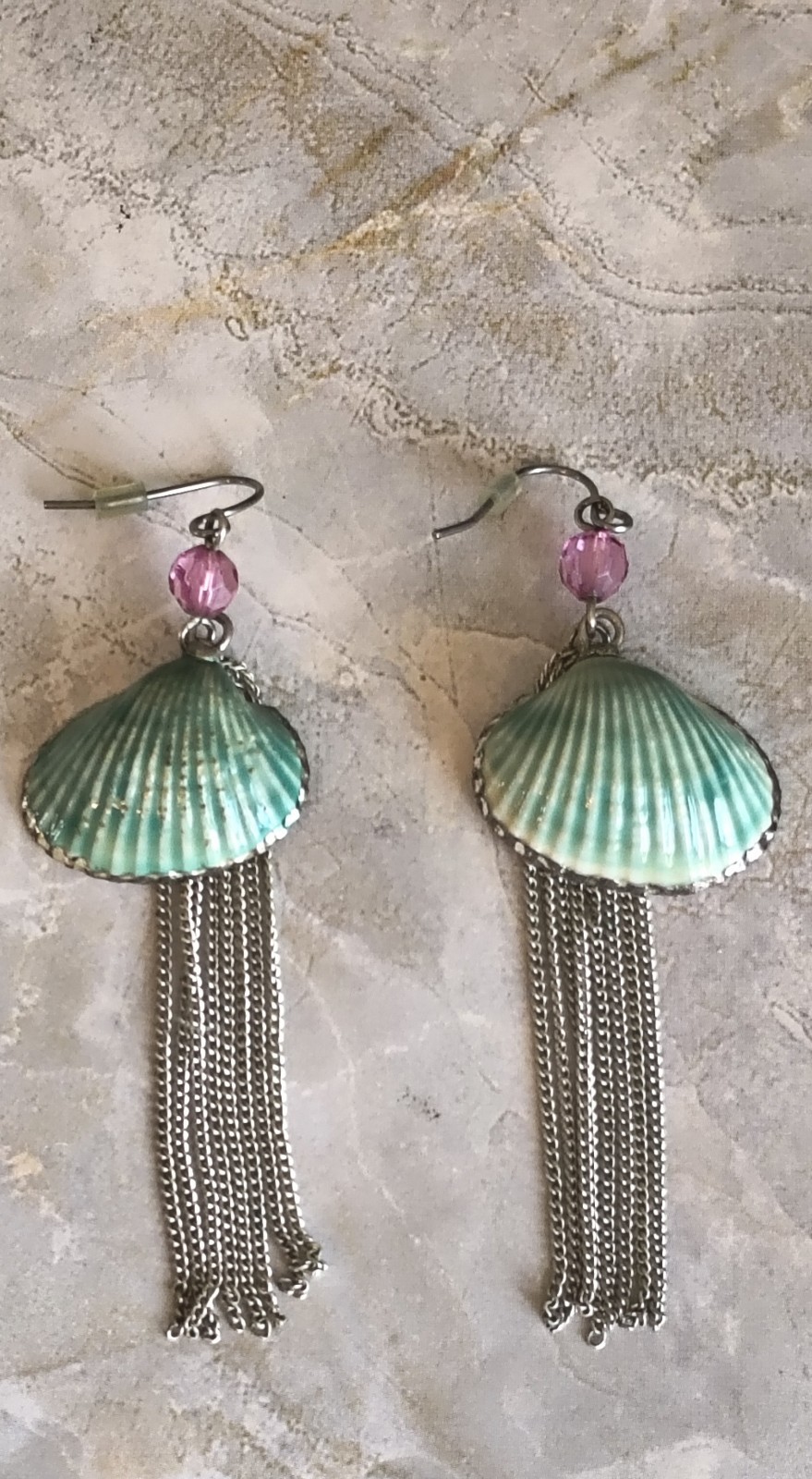 Vintage Seashell Mermaid Dangle Chain Mint Green Earrings Summer Beach Festival