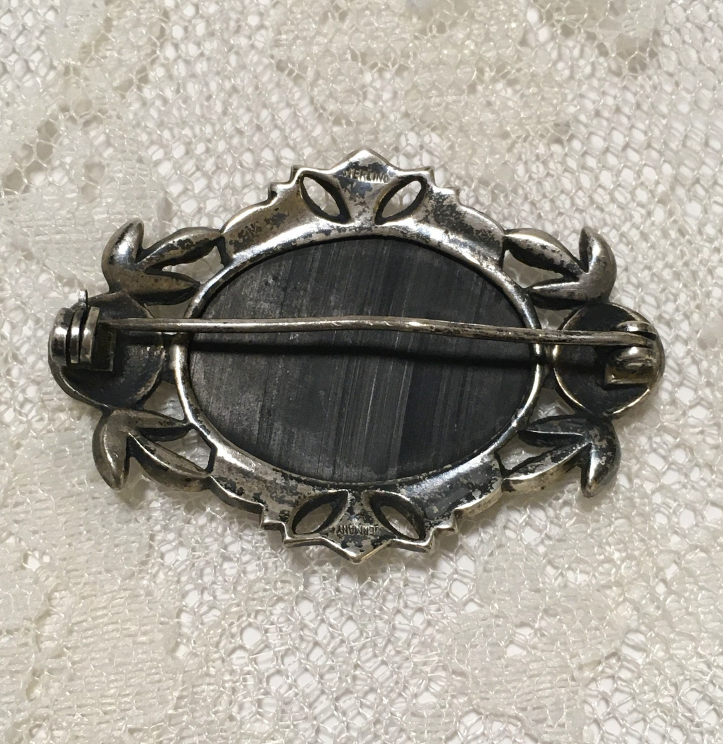 Vintage Sterling Silver Black Onyx Brooch Victorian Revival Romantic Germany