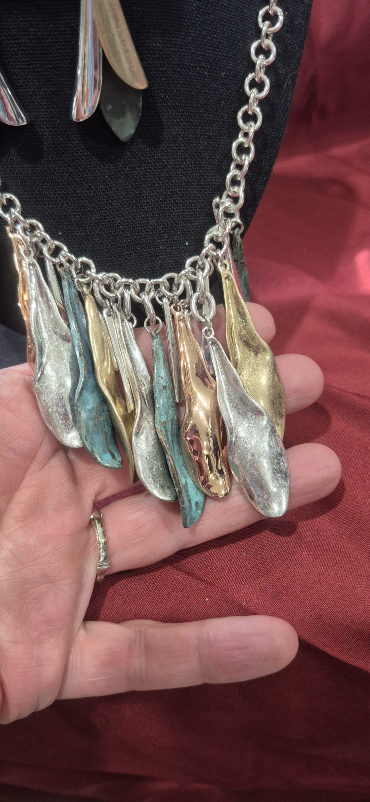 Vintage Signed RLM Robert Lee Morris Spoon Necklace Earrings Brass Silver Gold