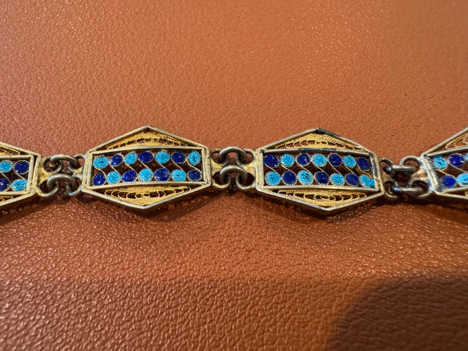 Vtg Antique 800 Silver Filigree Design Blue Enamel Bracelet w/ Gold Wash