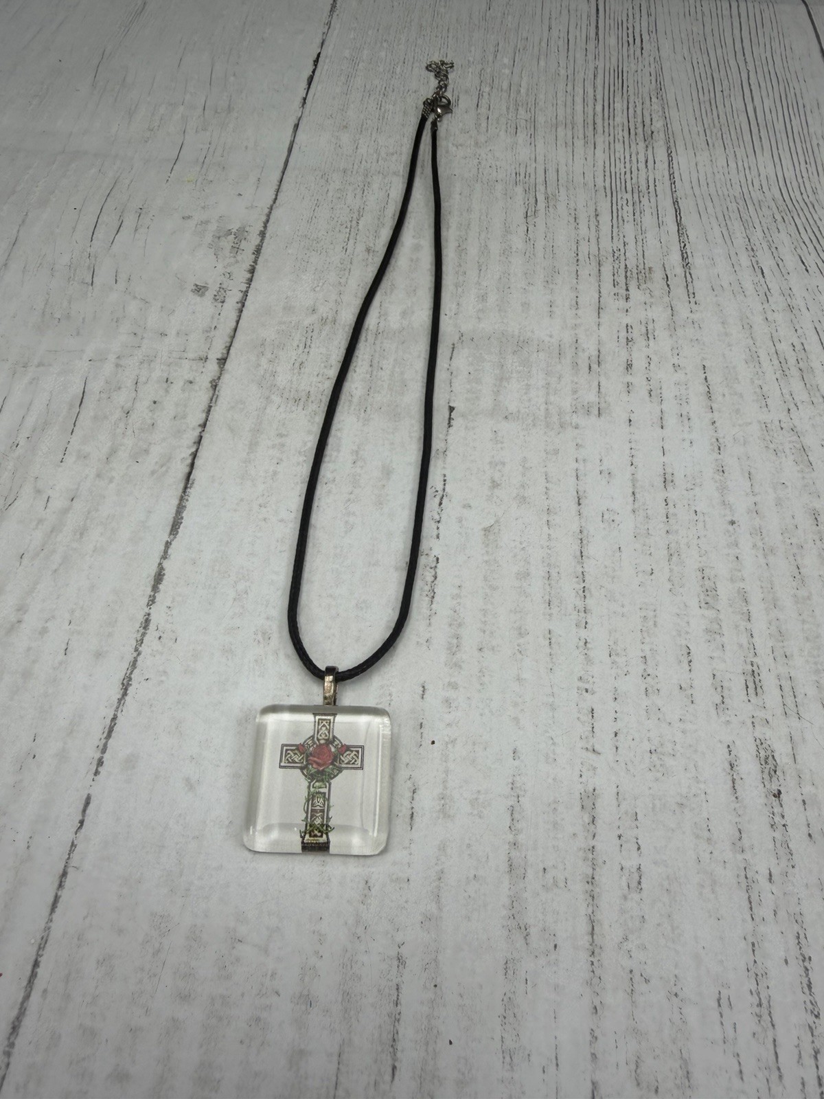 Reverse Carved Lucite Celtic Cross Rose Pendant Necklace Black Cord