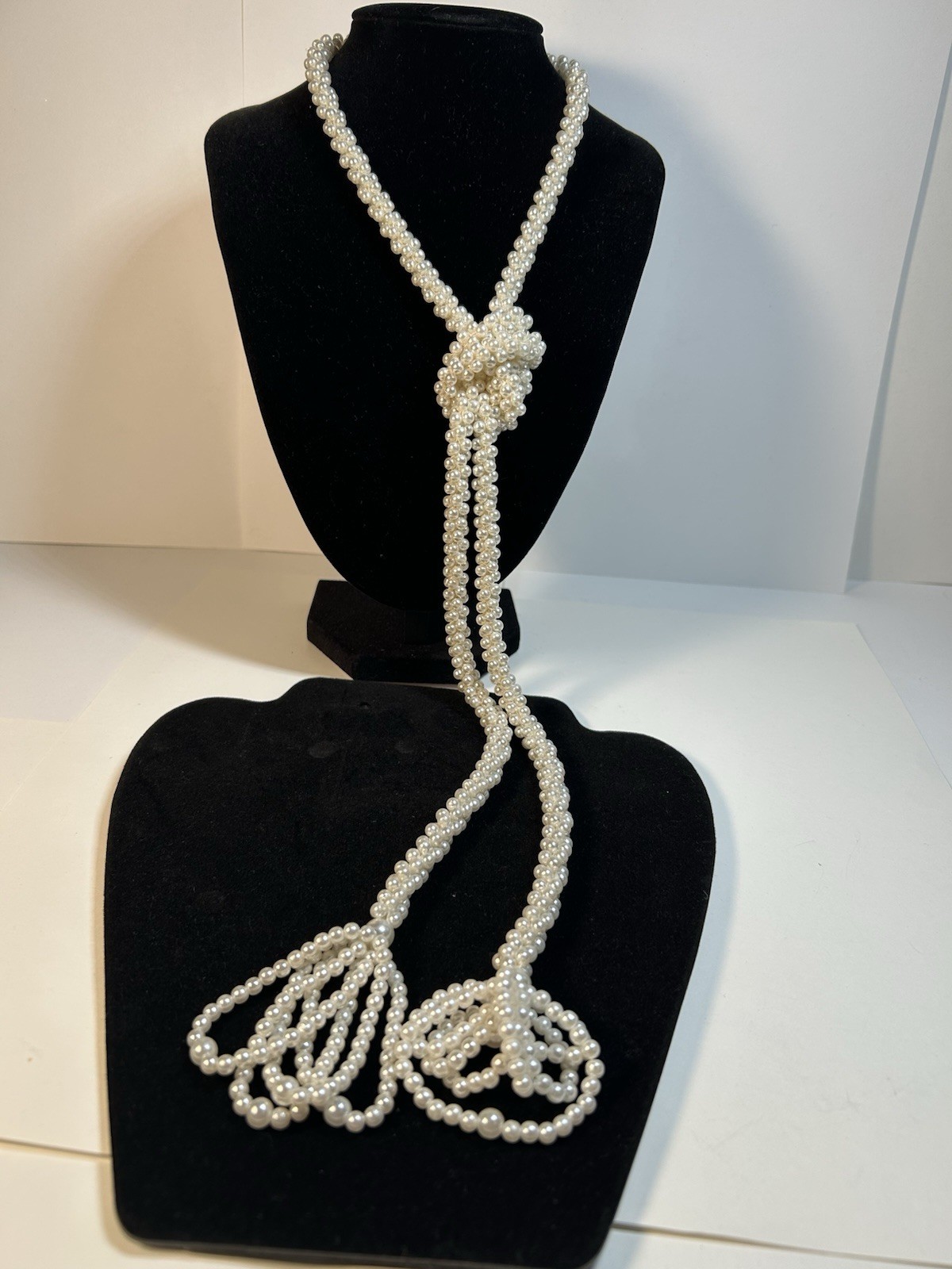 Vintage Faux Pearl Lariat Necklace Multi Strand Woven Tassel Wrap Cream 48 Inch