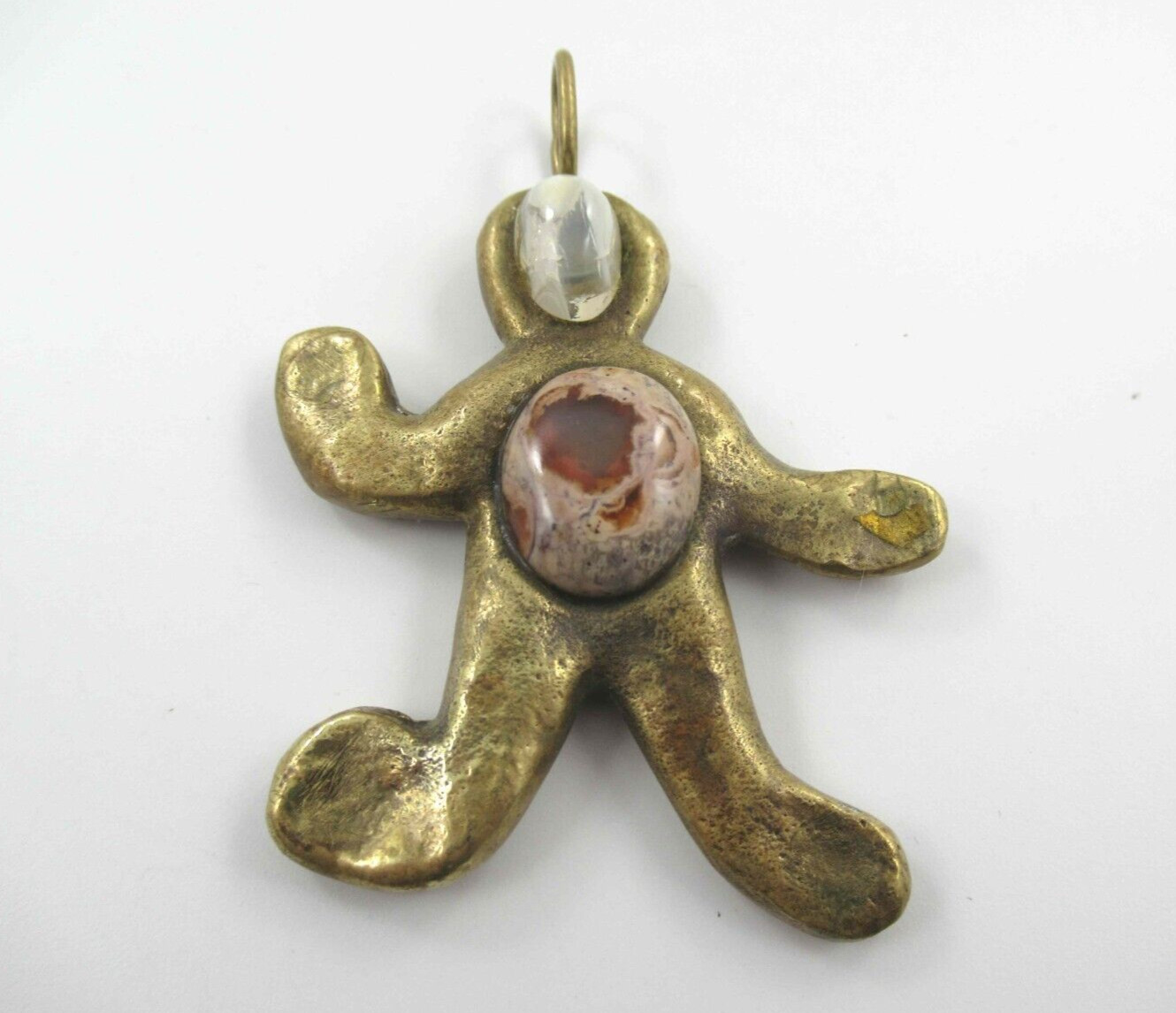 Brass Tone Figural Person Pendant w/ Stone Cabochons