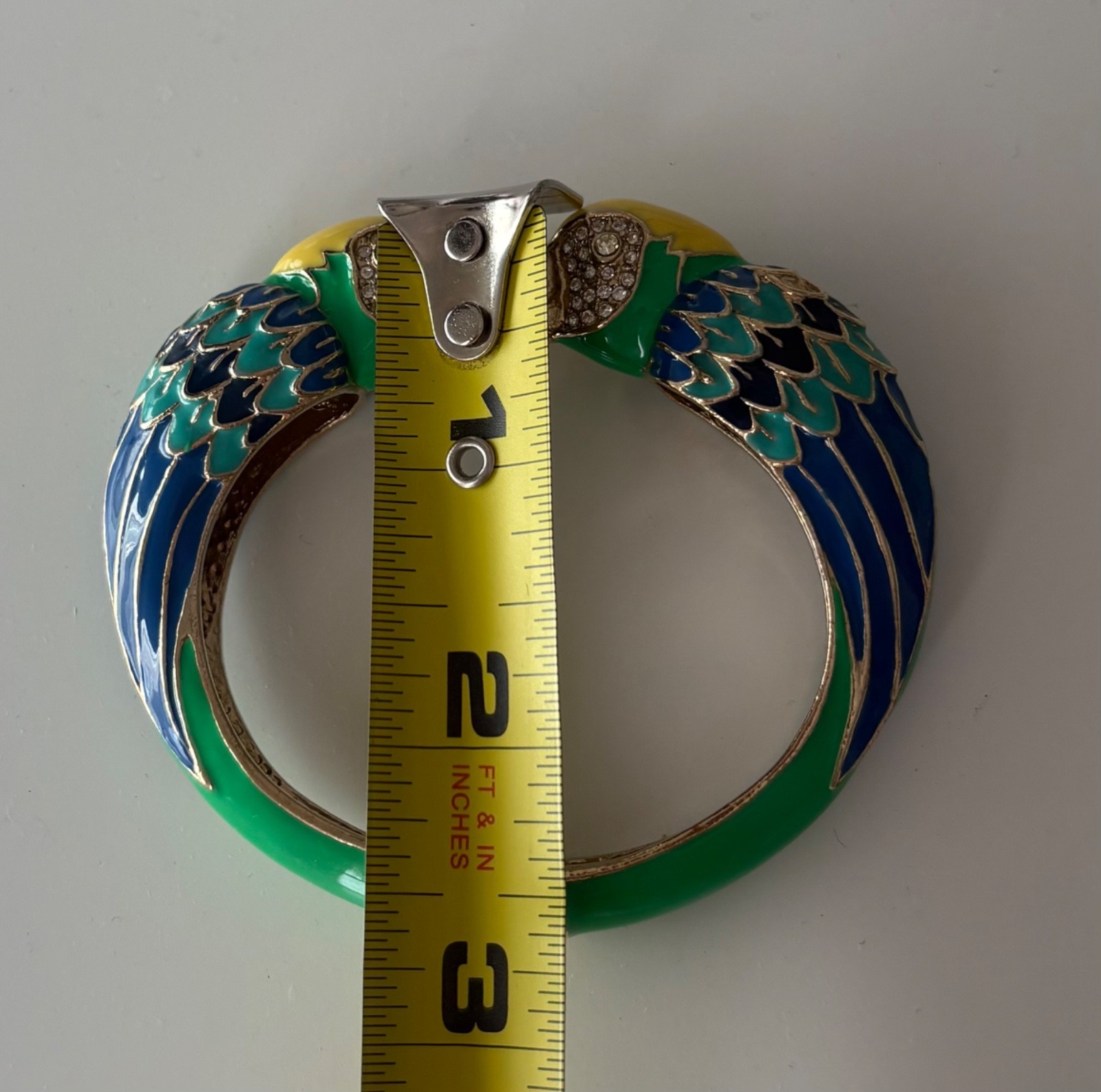 Gold Tone Kissing Parrot Birds Enamel Bracelet Cuff Blue Green Yellow