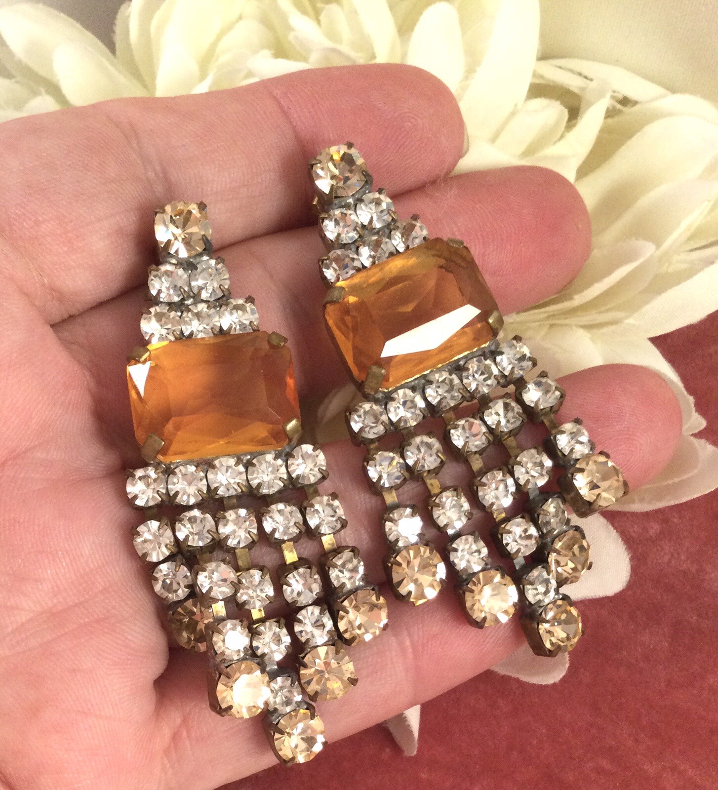 Vintage Jewellery Czech Earrings Champagne White Crystal Gold Antique Jewelry