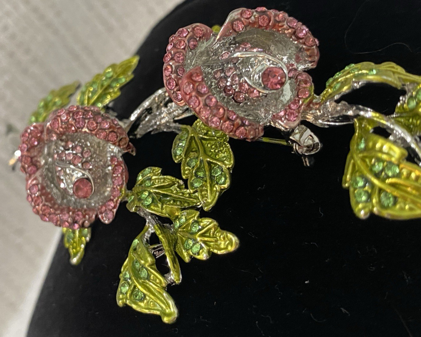 Stunning Large Vintage Pink And Green Sparkling Stones Flower Brooch