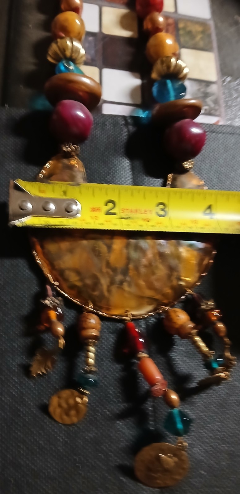 Signed SURLES Vintage Modernist Brass Bib Necklace Colorful Art Glass Beaded
