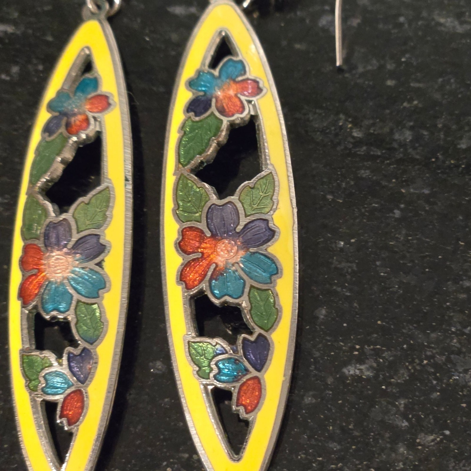 Vintage yellow Cloisonne Enamel Flowers Dangle Hook Earrings rainbow floral boho