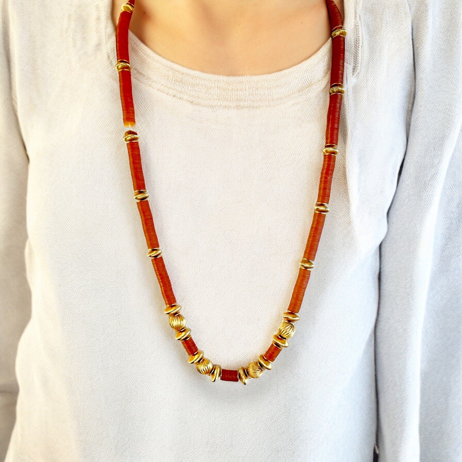 Gay Boyer Necklace Amber Lucite Gold Tone Bead 26″ Vintage Signed