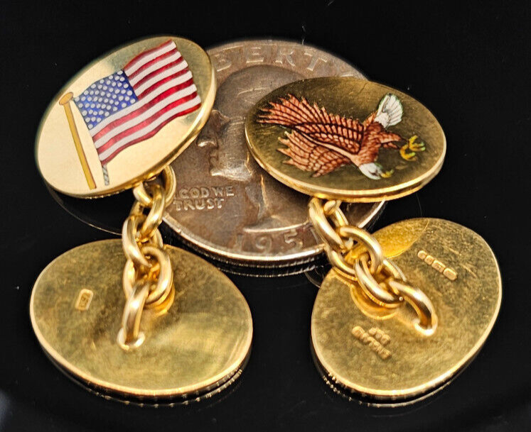 18K Gold Deakin & Francis AMERICAN FLAG and EAGLE Cufflinks Made in England