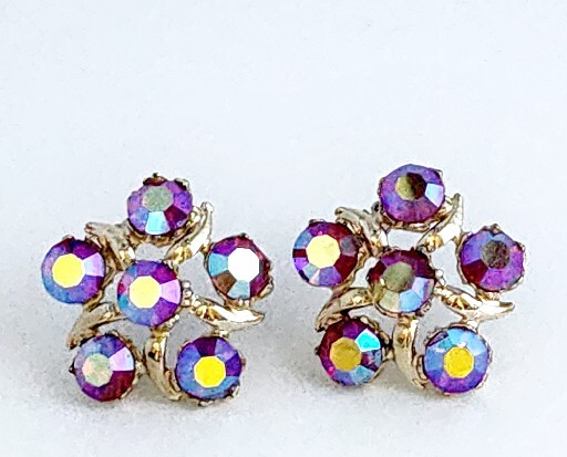 AURORA BOREALIS PURPLE BLUE PINK HUES FLOWER CLIP-ON EARRINGS-1.25″ DIAMETER