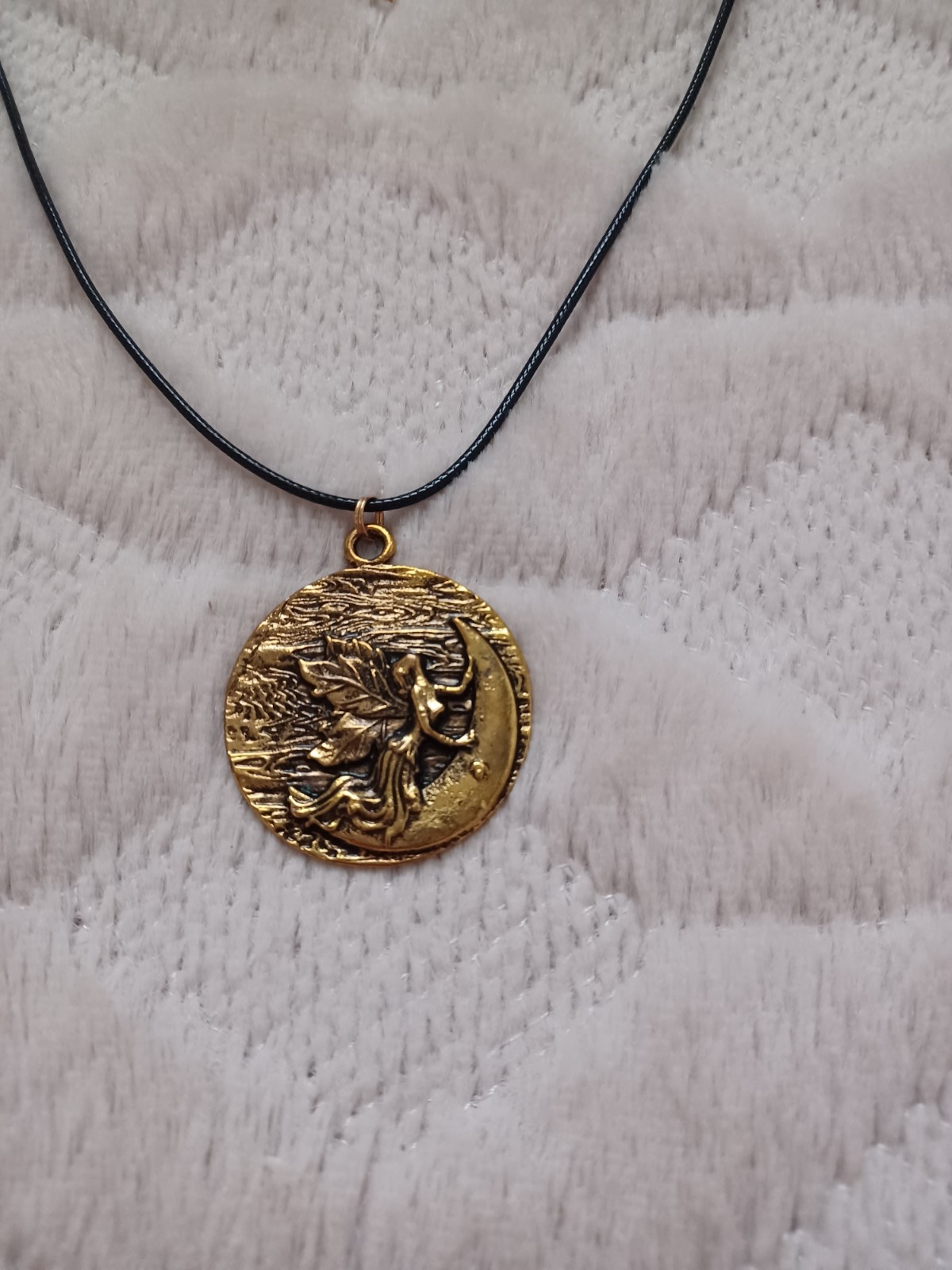 Vintage Gold Tone Moon Fairy Large Pendant On Cord Necklace 90s Y2k 2000s Style