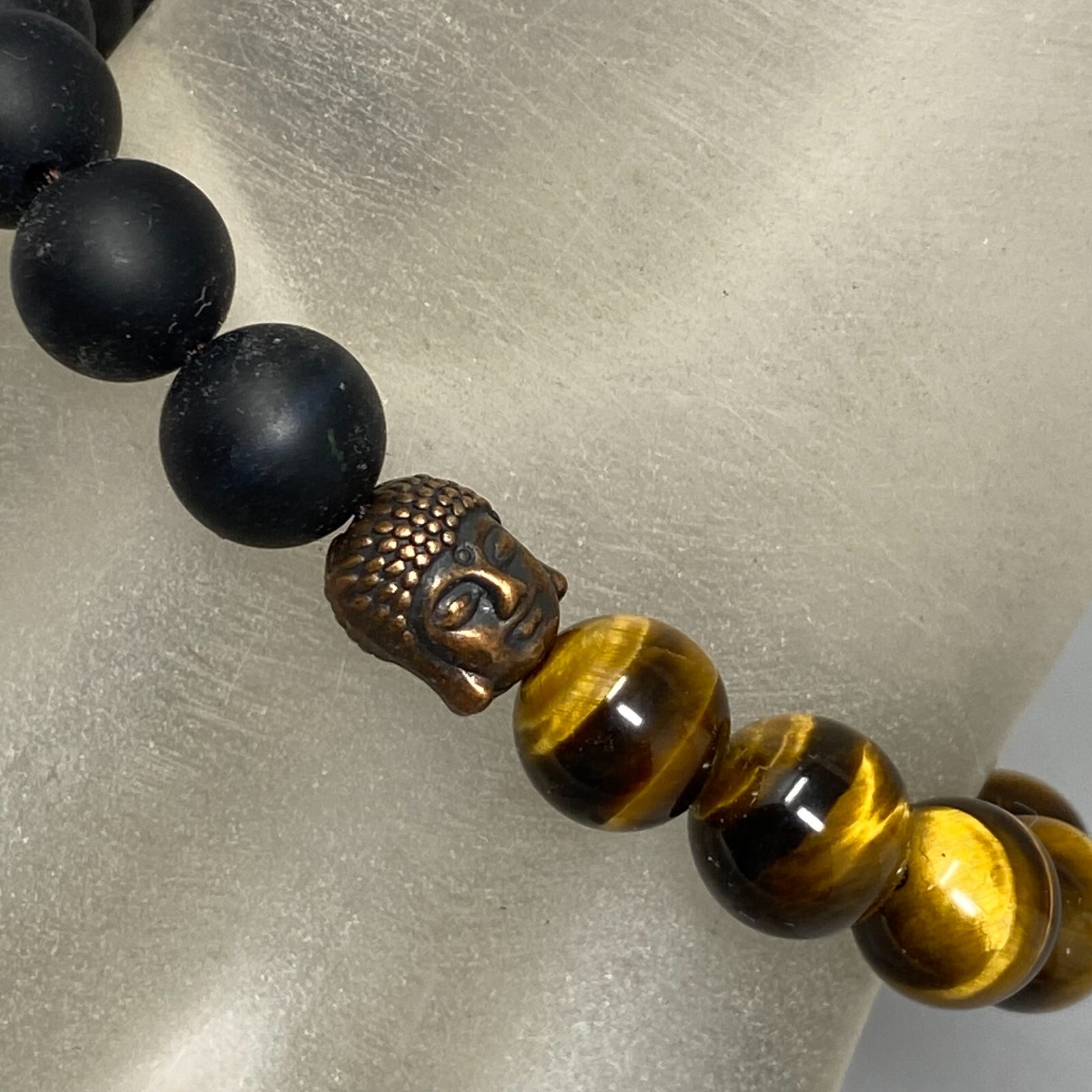 Mixed Stone Bracelet Gold Tigers Eye Black Matte Beads Buddha Head Slide 7-8″