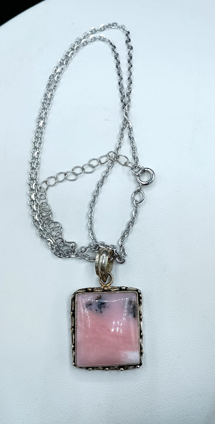 Vintage Rhodochrosite Stone Pendant Necklace Pink Square Silver Tone Chain 17″