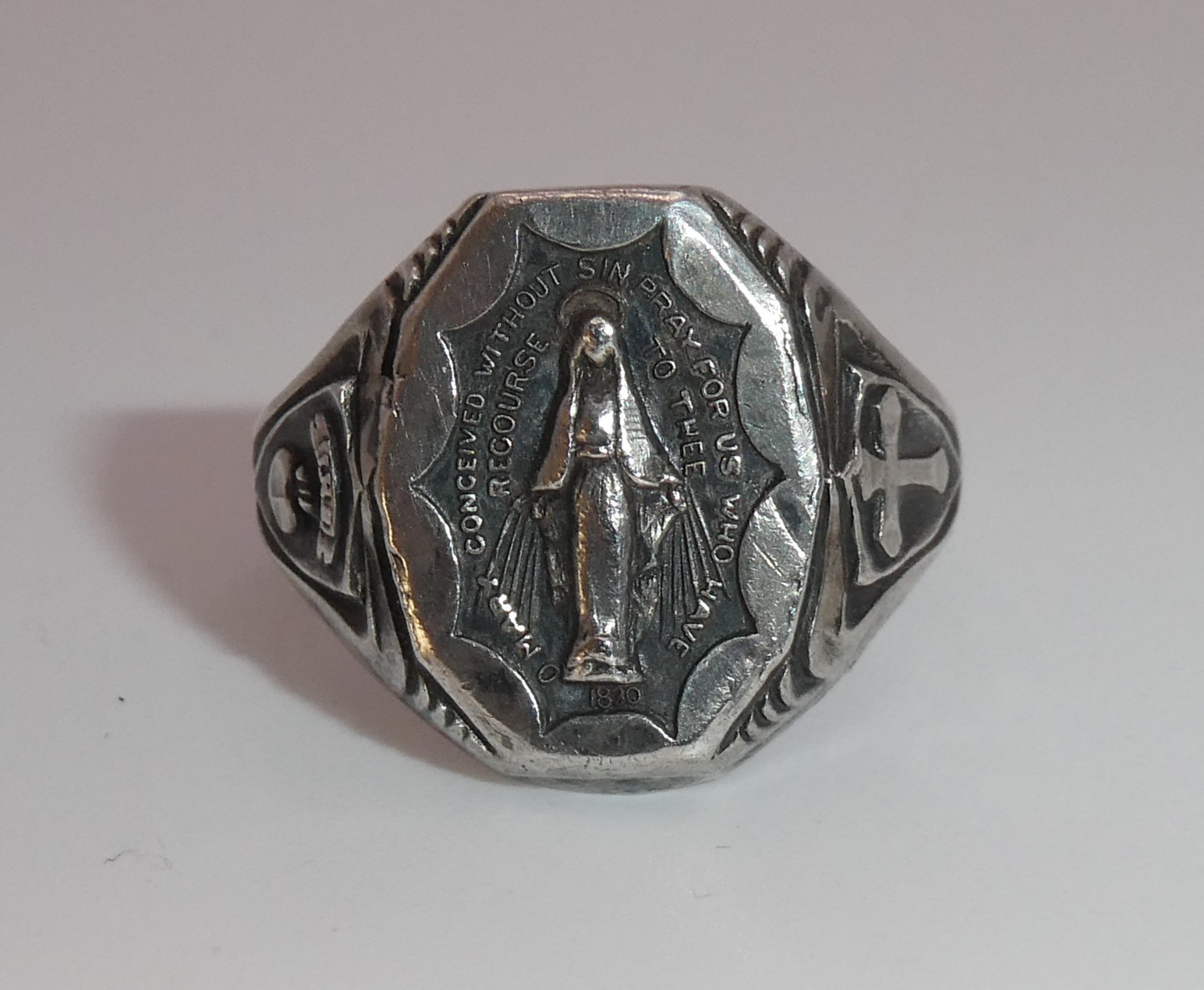 Vintage Virgin Mary Miraculous Medal Creed Sterling Silver Ring Adjustable Sz 7