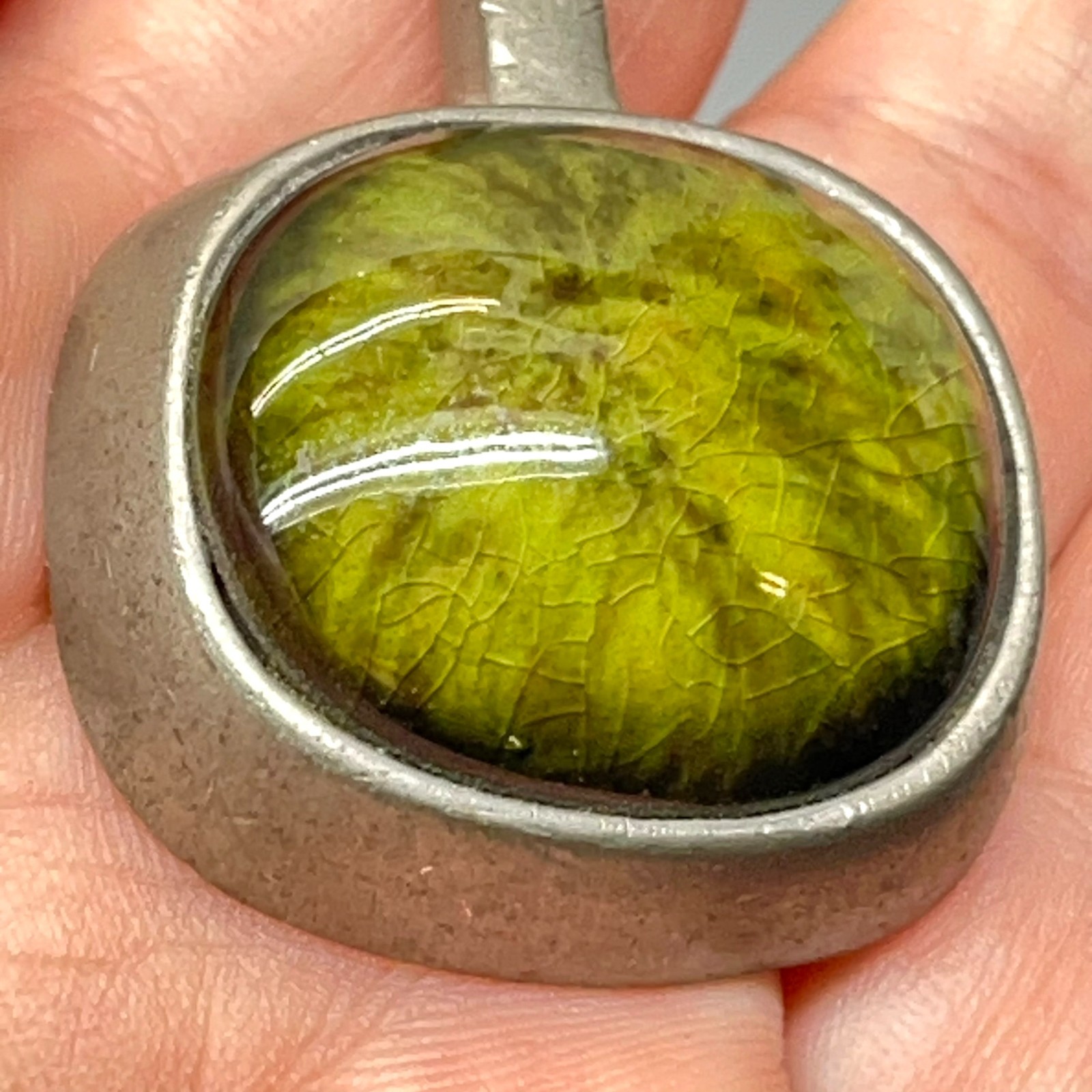 Signed Roland Landerholm Tenn Vintage Modernist MCM Pewter Green Ceramic Pendant