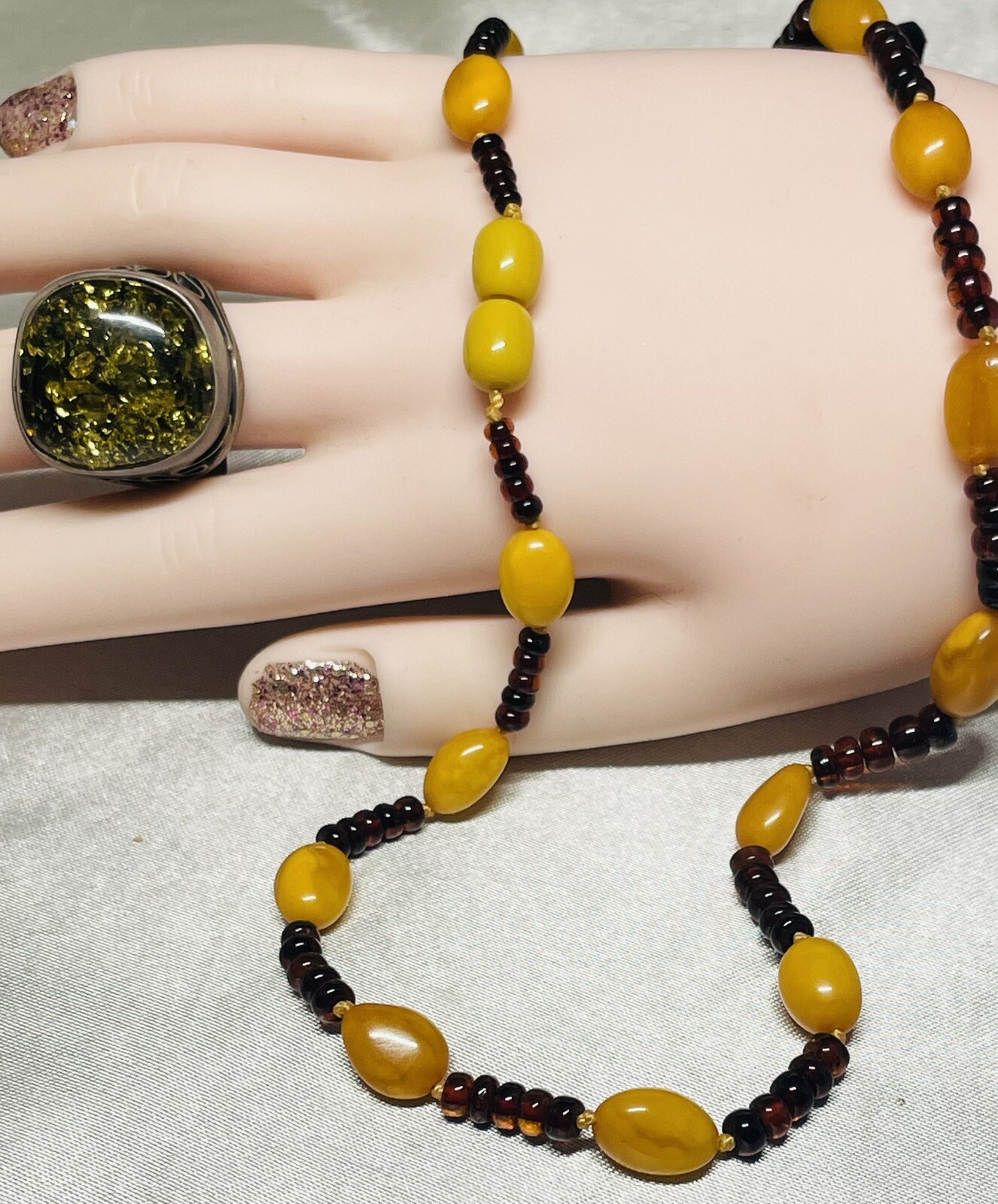 FINEST VIVID GREEN BALTIC AMBER & HAND-MADE STERLING RING ADJ.