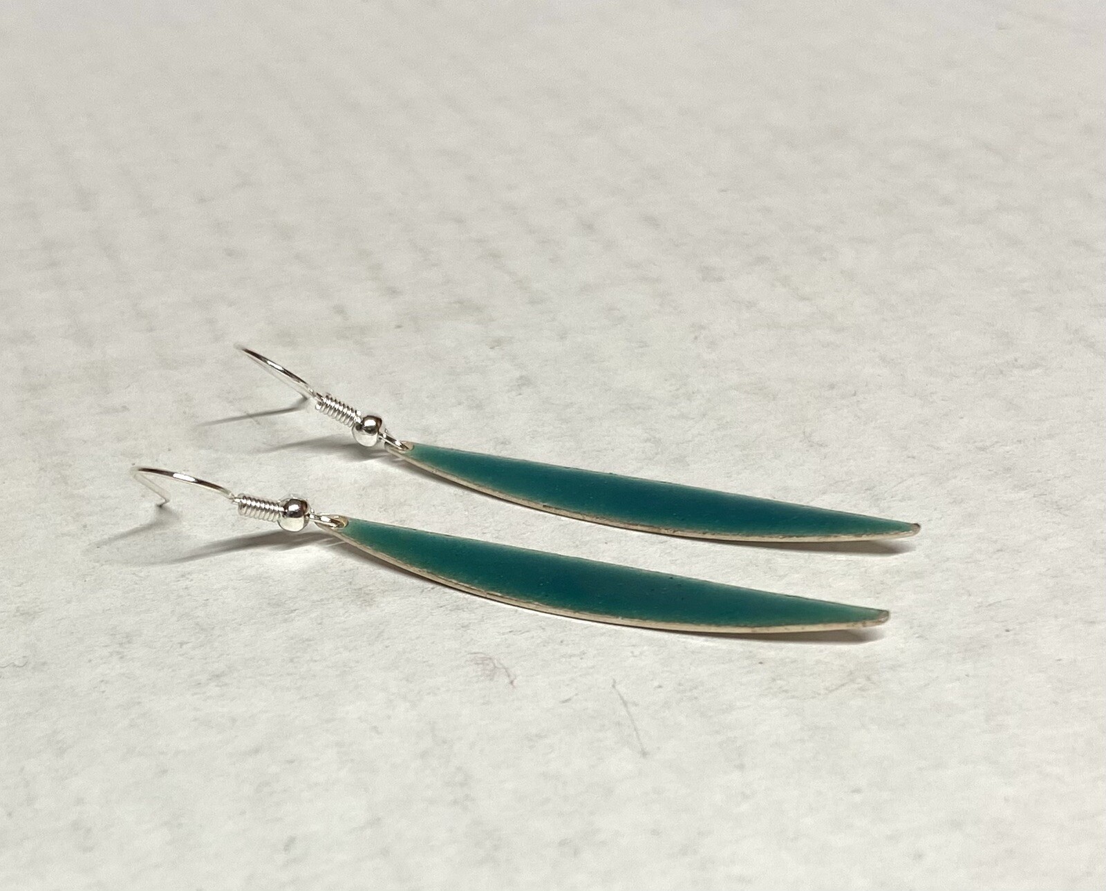 Vintage Green enamel on Silver long Dangle Pierced Earrings- 2″ long