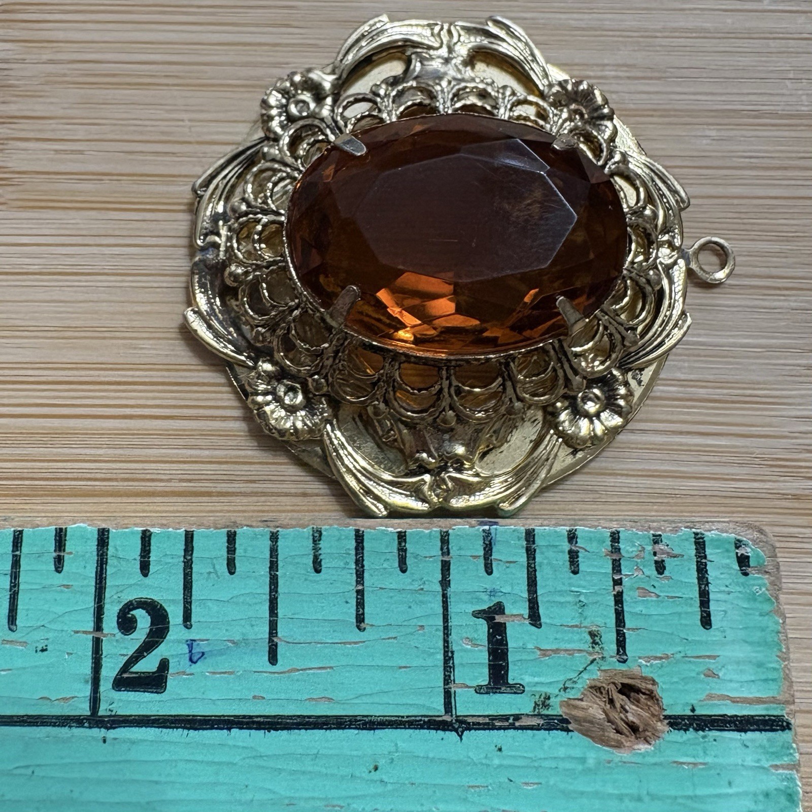 Vintage Victorian Revival Filigree Pendant Honey Amber Glass Gold Tone Ornate