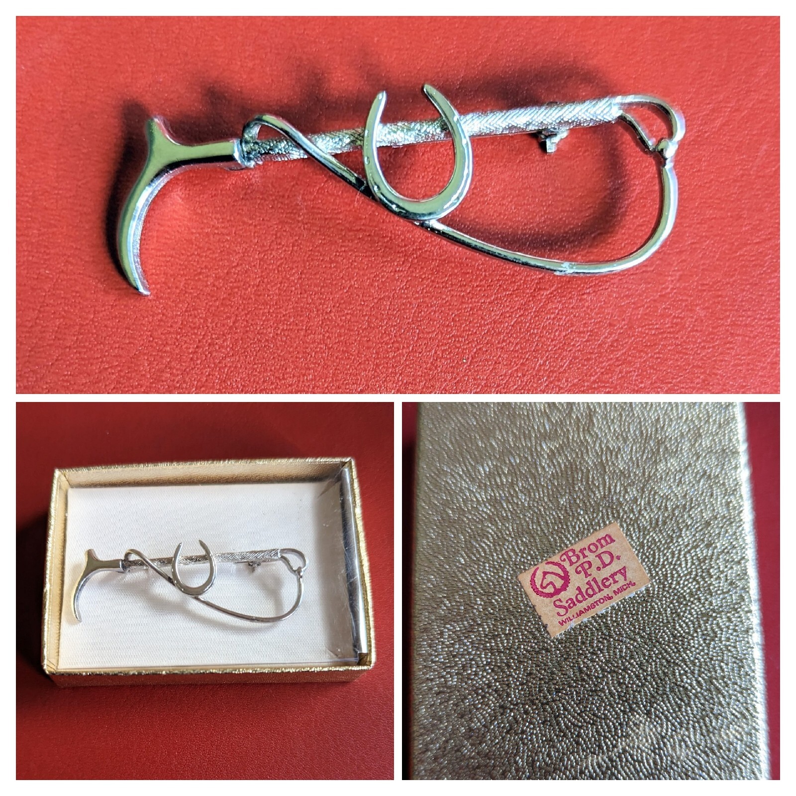 Silver Tone Equestrian Horse Shoe Pin BROOCH Riding Crop Brom P.D. Saddlery MI