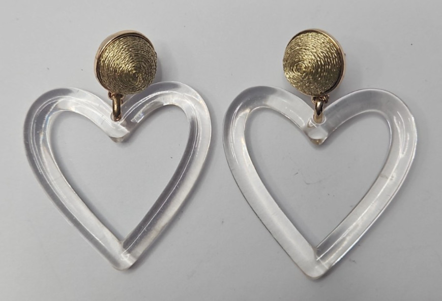 Vtg Dangle Sugarfix Earrings Clear Heart Shaped Frames Textured Gold Tone Studs