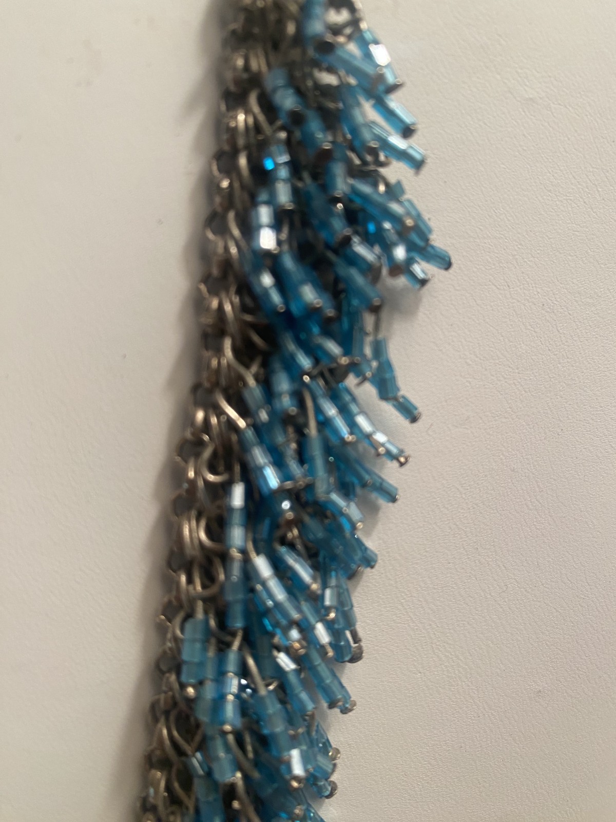 Vintage Fringe Aqua Blue Glass Bead Chainmail Bib Statement Silvertone Necklace