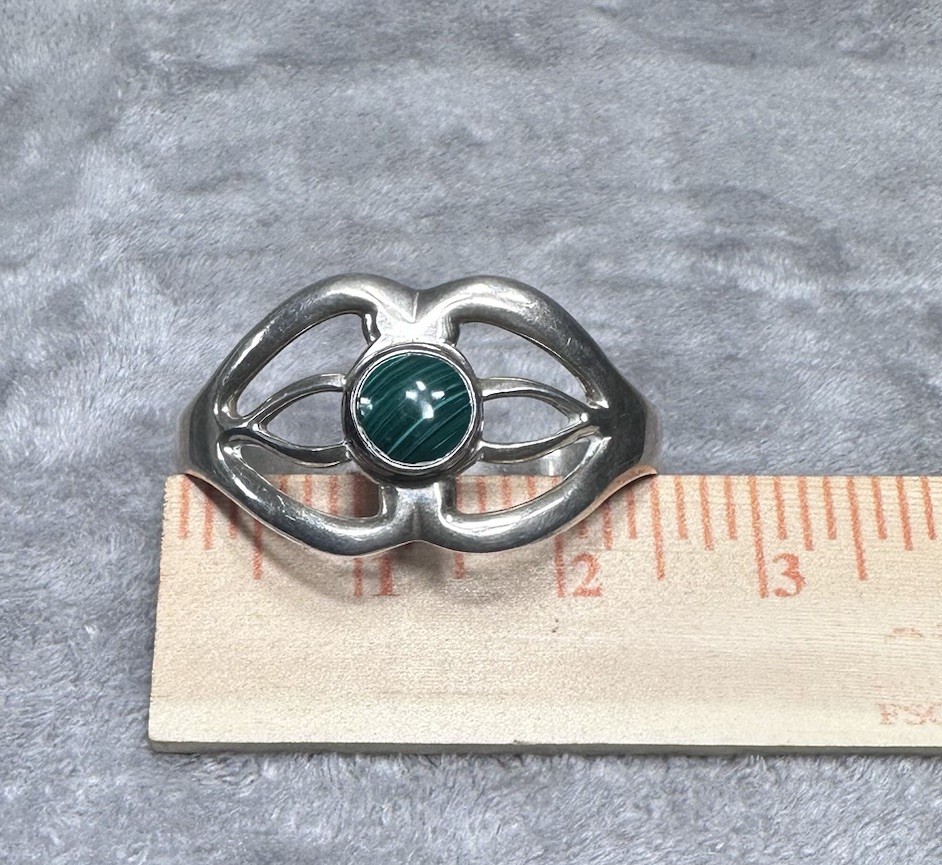 VTG Sterling Silver 925 Malachite Cabochon Hinged Bangle Bracelet Taxco MEX L108