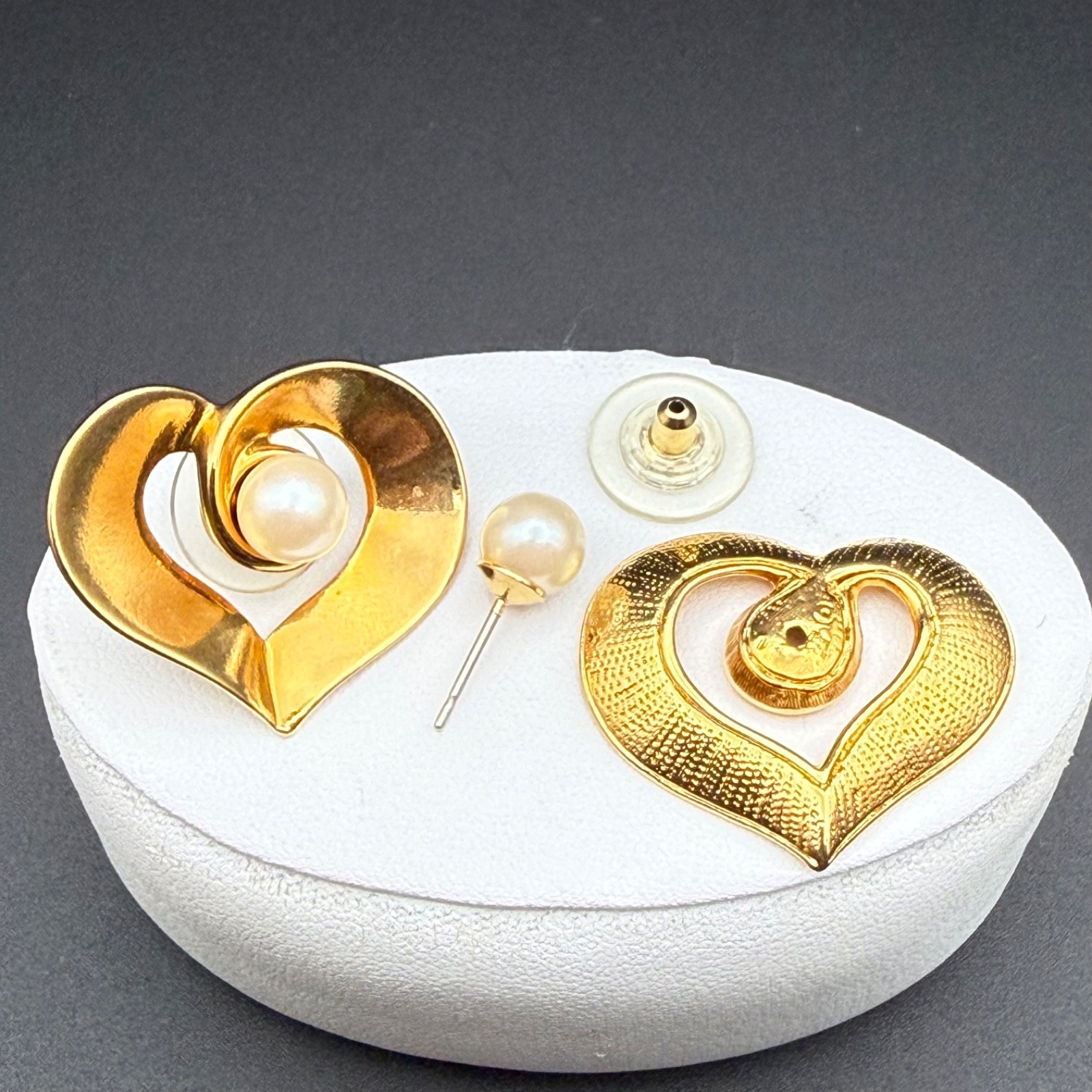 Vintage Open Heart Faux Pearl Stud Pierced Earrings Convertible Gold Tone Jacket