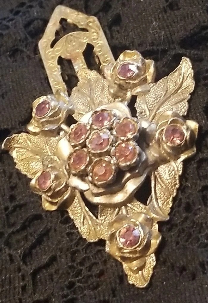 Little Nemo Antique Dress Clip, 3 Inch Signed, LN/25, Pink Rhinestones & Silver