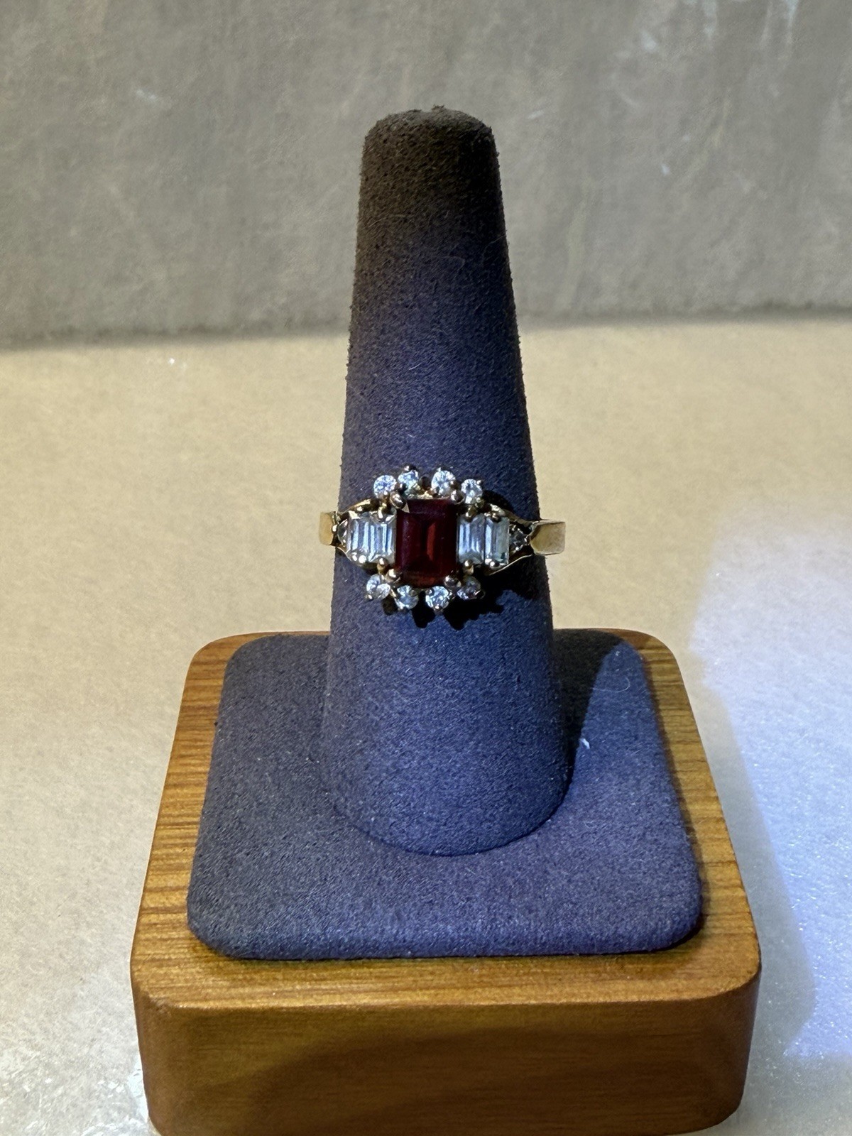Vintage Ruby Red Stone & CZ Accent Ring Size 8.75-9 Gold Tone