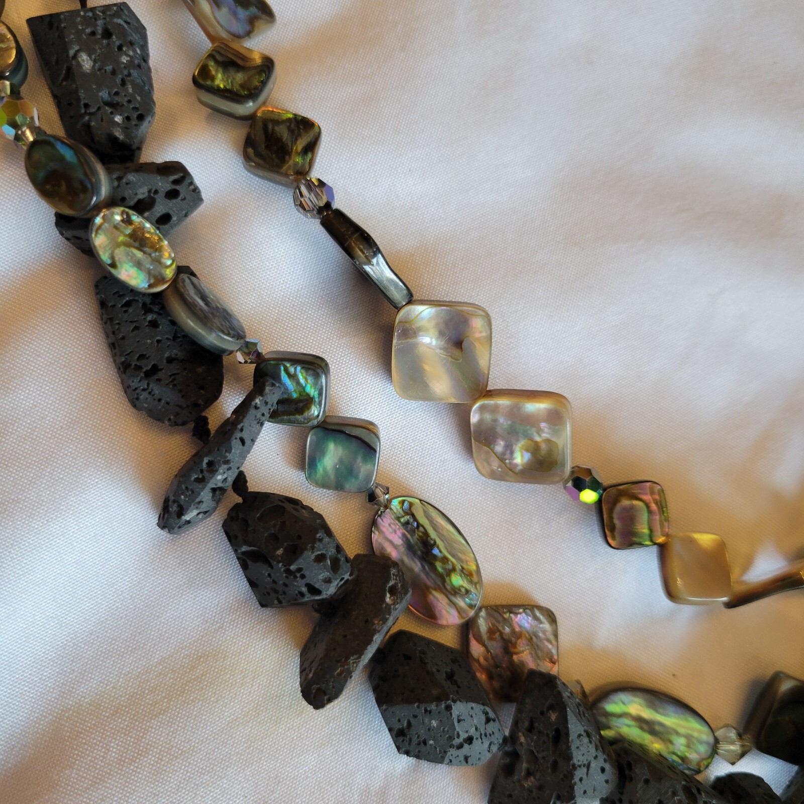 Vtg Lava Rock Mother of Pearl MOP Multi Strand Statement Necklace Signed Bob