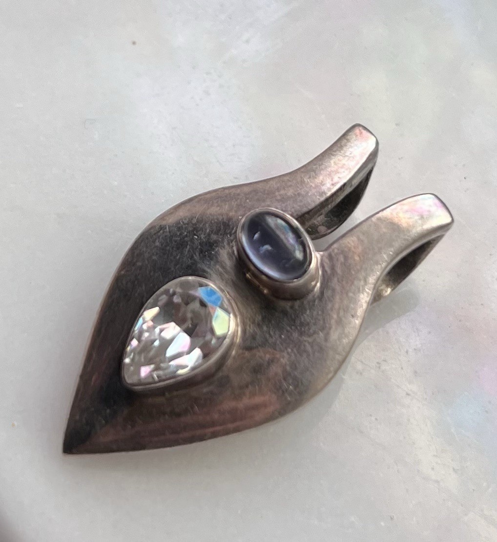 Vintage Pale Blue Topaz & White Topaz Modernist Sterling Silver Necklace Pendant