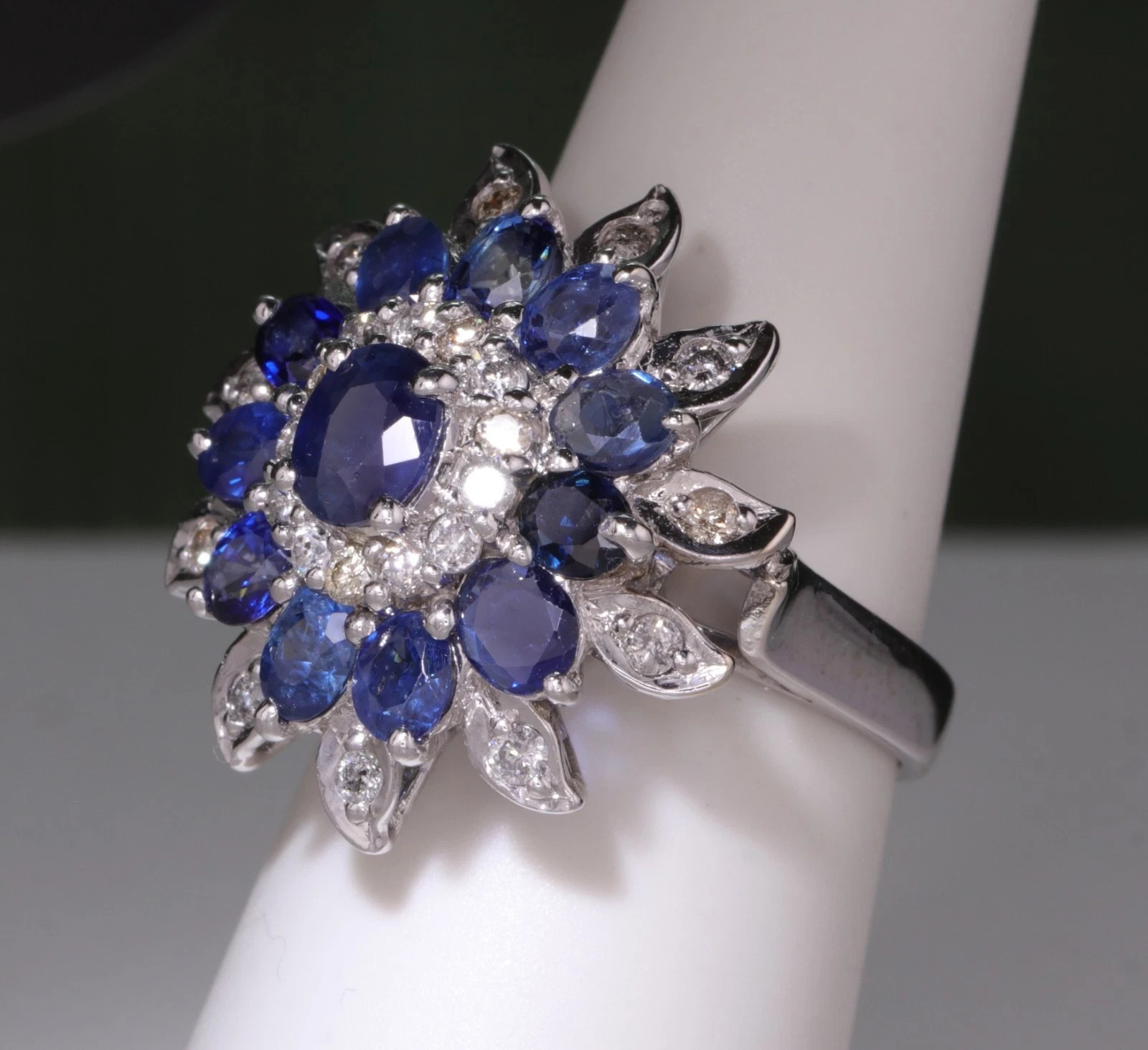 Blue Sapphire and Diamond Right Hand Ring 14K White Gold – Size 6.5