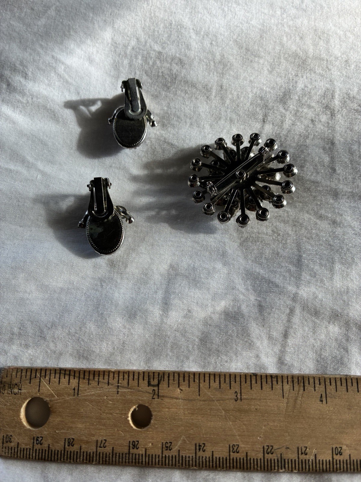 Vintage Silver and Black & Clear Rhinestone Clip-On Earrings & Brooch Set